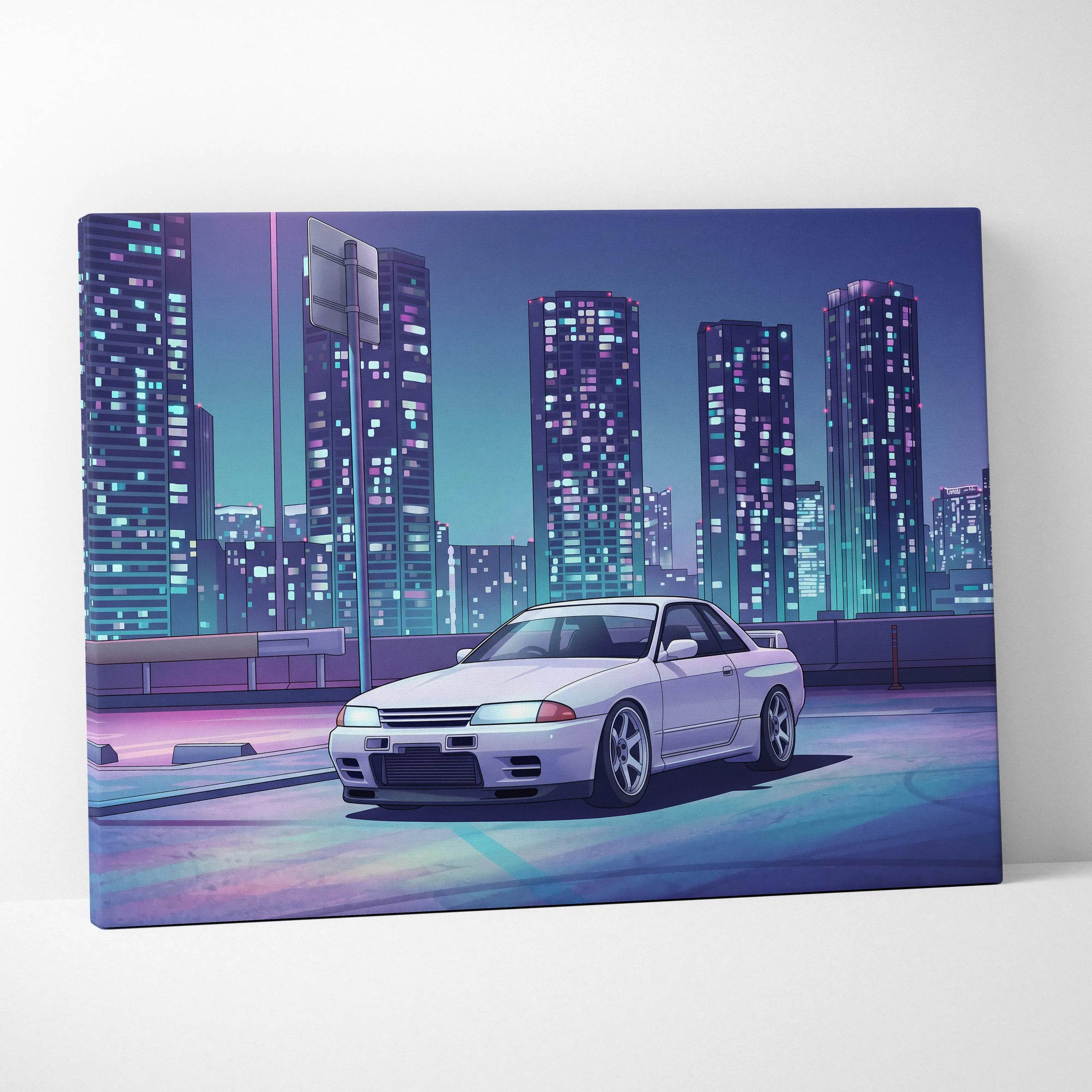 Nissan Skyline GT-R R32 Inspired White Purple Canvas Wall Art Vaporwave Night City JDM Car Artwork, Neon Skyline Garage Decor
