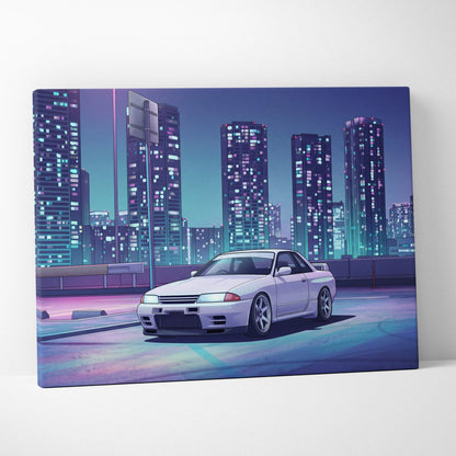 Nissan Skyline GT-R R32 Inspired White Purple Canvas Wall Art Vaporwave Night City JDM Car Artwork, Neon Skyline Garage Decor