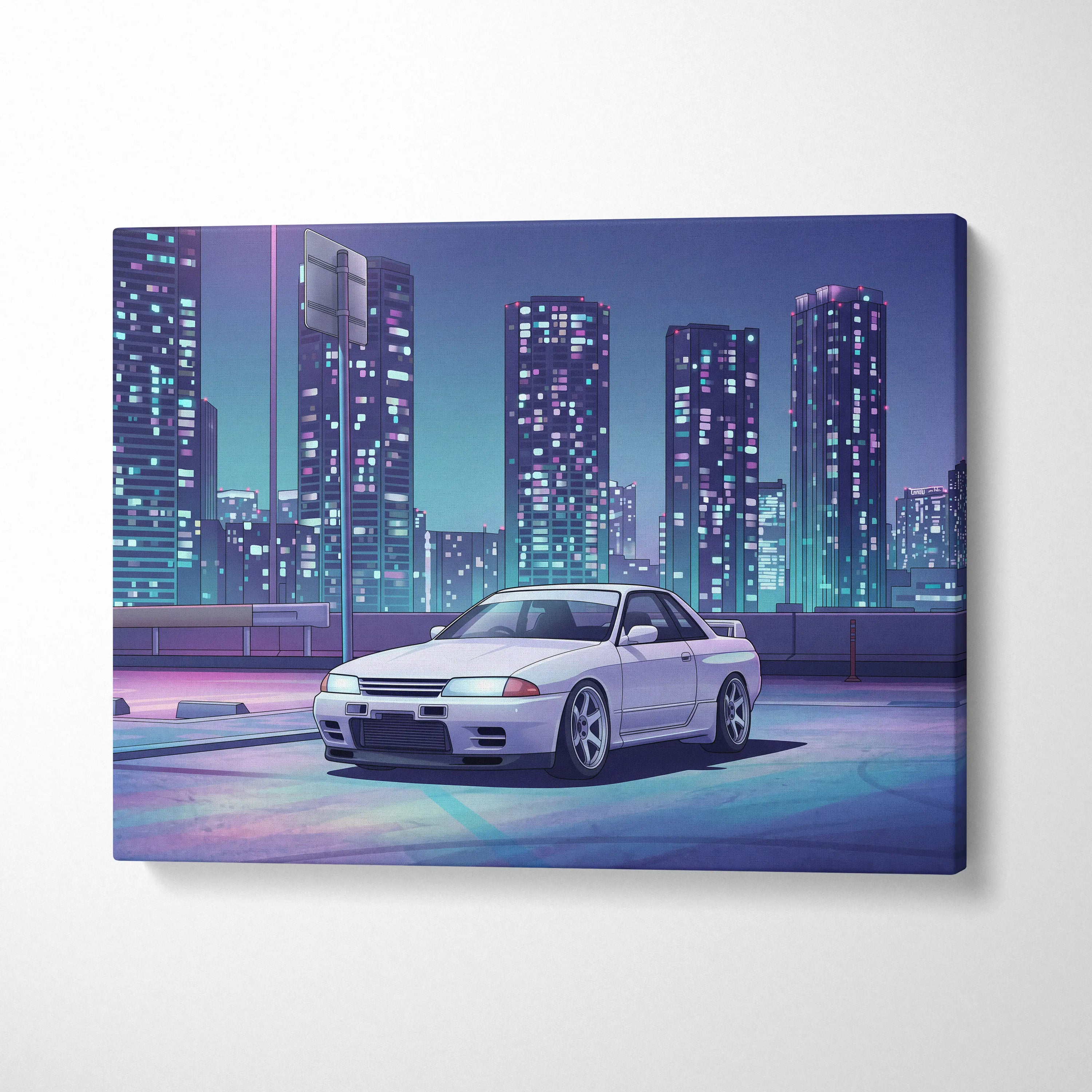 Nissan Skyline GT-R R32 Inspired White Purple Canvas Wall Art Vaporwave Night City JDM Car Artwork, Neon Skyline Garage Decor