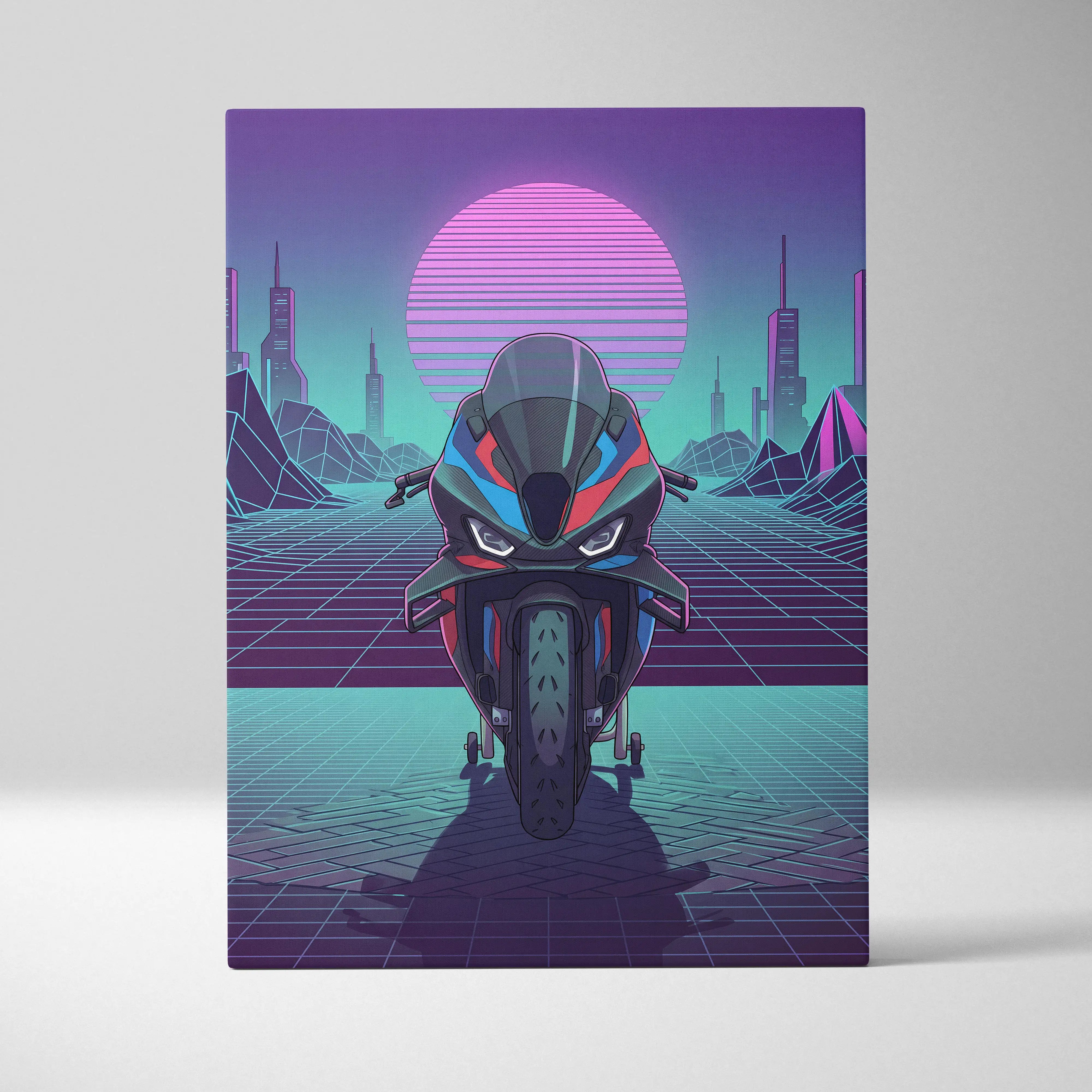 BMW M1000RR Inspired Red Blue Motorcycle Canvas Wall Art Vaporwave Neon Sportbike Garage Decor Retro Futuristic Racing Artwork