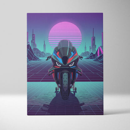 BMW M1000RR Inspired Red Blue Motorcycle Canvas Wall Art Vaporwave Neon Sportbike Garage Decor Retro Futuristic Racing Artwork