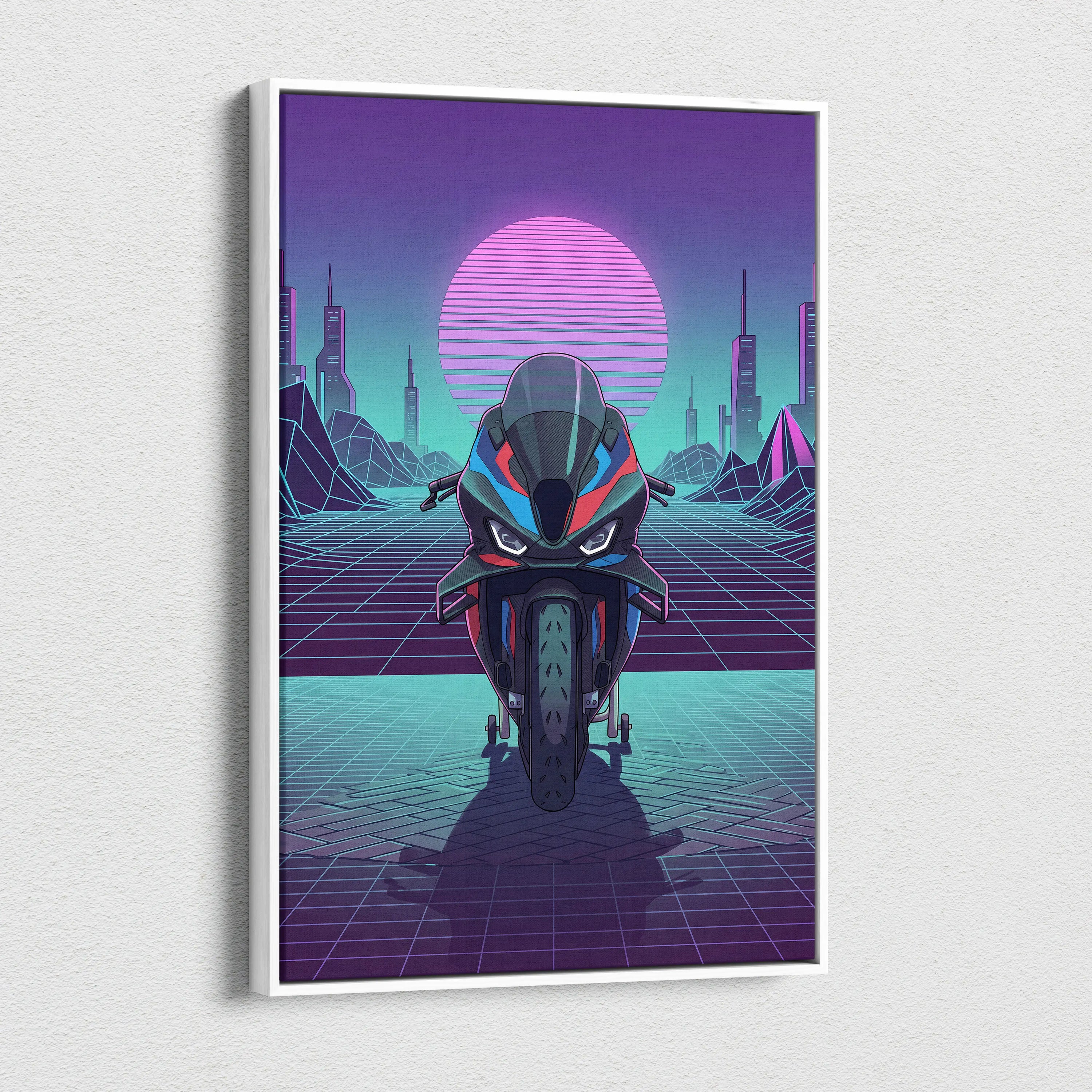 BMW M1000RR Inspired Red Blue Motorcycle Canvas Wall Art Vaporwave Neon Sportbike Garage Decor Retro Futuristic Racing Artwork