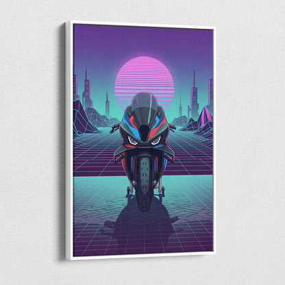 BMW M1000RR Inspired Red Blue Motorcycle Canvas Wall Art Vaporwave Neon Sportbike Garage Decor Retro Futuristic Racing Artwork