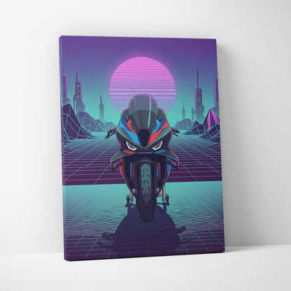 BMW M1000RR Inspired Red Blue Motorcycle Canvas Wall Art Vaporwave Neon Sportbike Garage Decor Retro Futuristic Racing Artwork