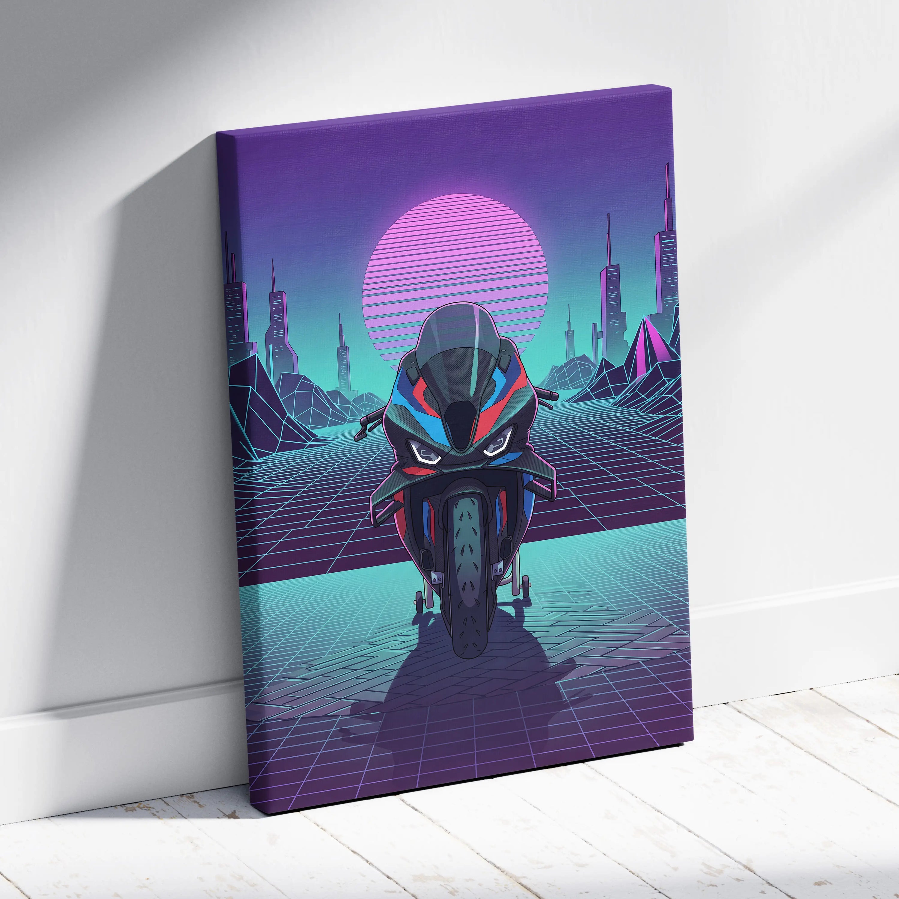 BMW M1000RR Inspired Red Blue Motorcycle Canvas Wall Art Vaporwave Neon Sportbike Garage Decor Retro Futuristic Racing Artwork