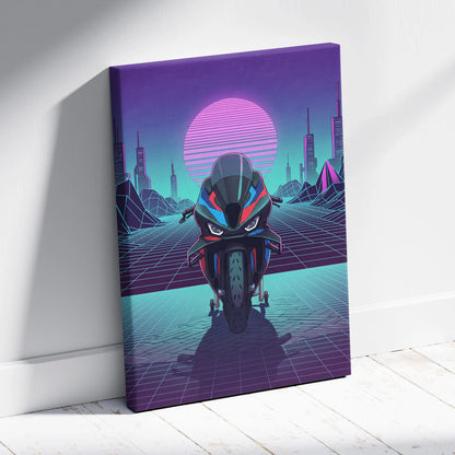 BMW M1000RR Inspired Red Blue Motorcycle Canvas Wall Art Vaporwave Neon Sportbike Garage Decor Retro Futuristic Racing Artwork