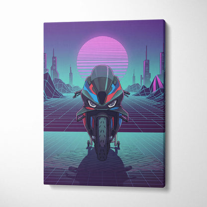 BMW M1000RR Inspired Red Blue Motorcycle Canvas Wall Art Vaporwave Neon Sportbike Garage Decor Retro Futuristic Racing Artwork