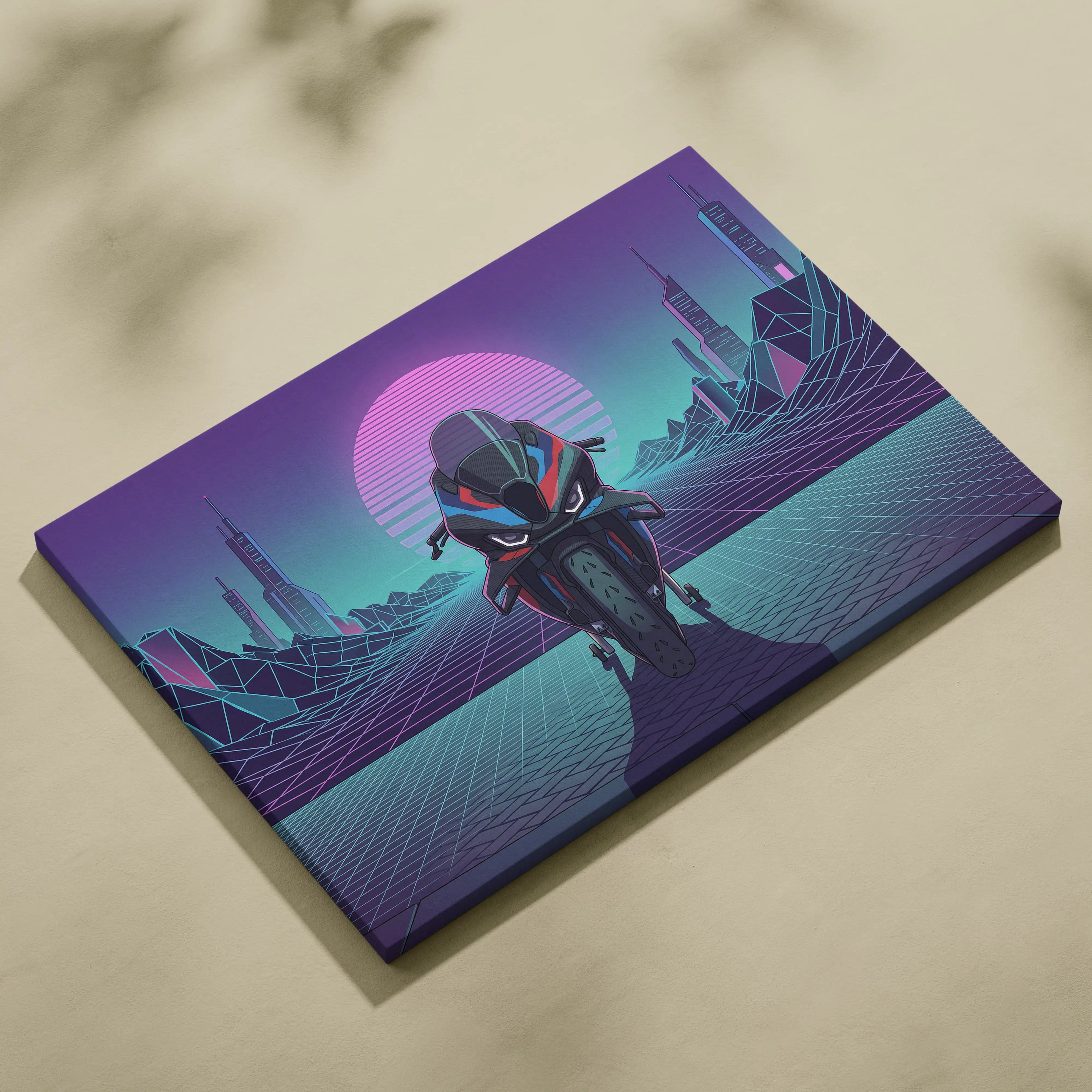 BMW M1000RR Inspired Red Blue Motorcycle Canvas Wall Art Vaporwave Neon Sportbike Garage Decor Retro Futuristic Racing Artwork