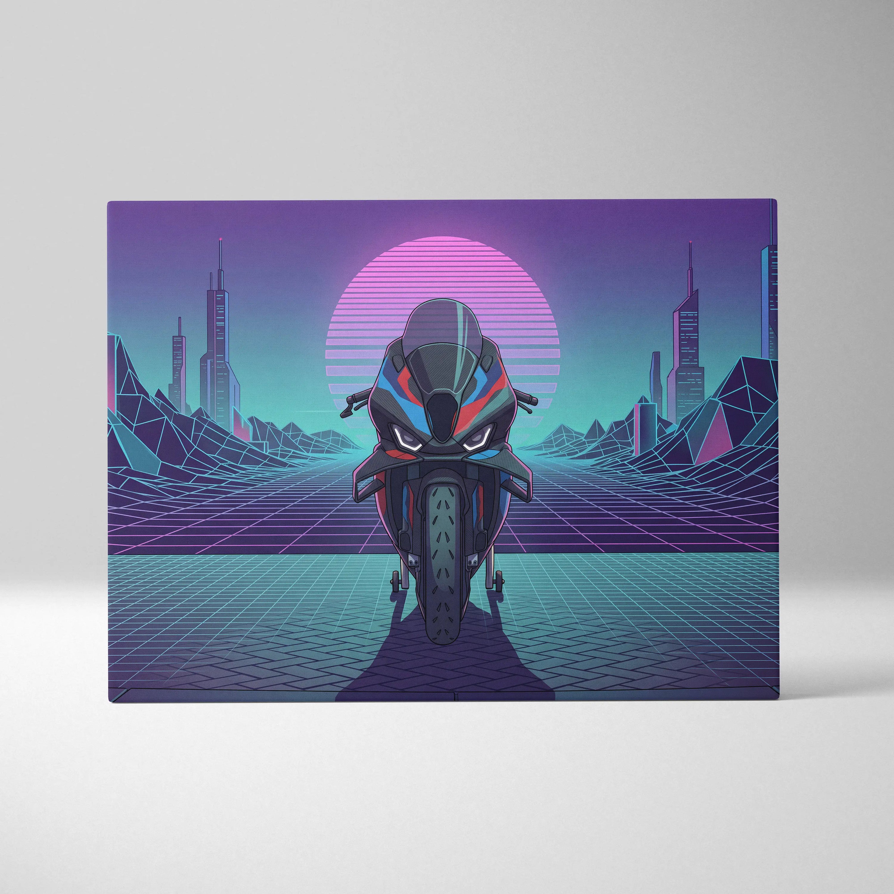 BMW M1000RR Inspired Red Blue Motorcycle Canvas Wall Art Vaporwave Neon Sportbike Garage Decor Retro Futuristic Racing Artwork