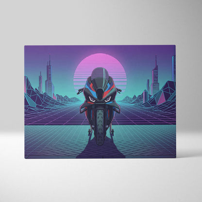 BMW M1000RR Inspired Red Blue Motorcycle Canvas Wall Art Vaporwave Neon Sportbike Garage Decor Retro Futuristic Racing Artwork