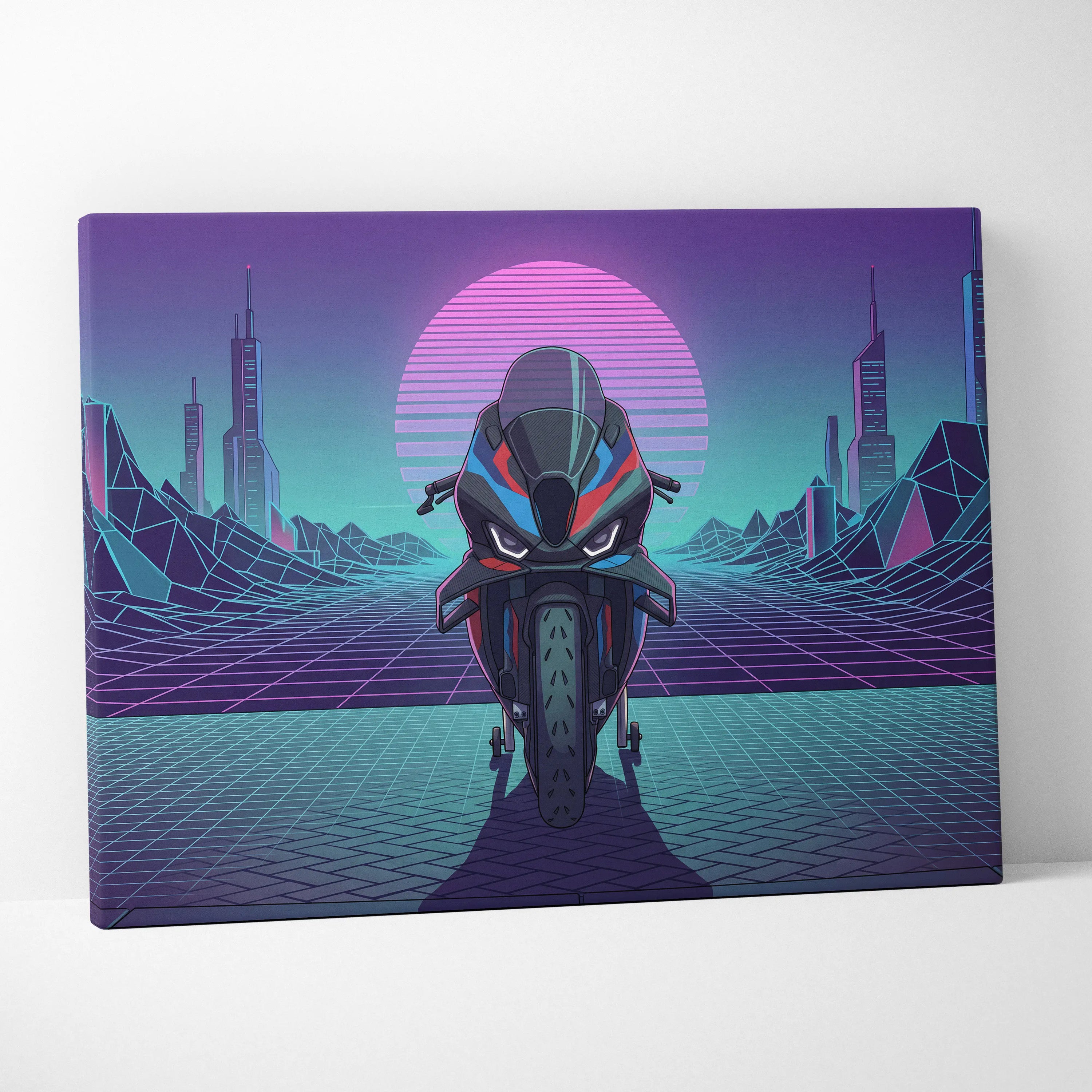 BMW M1000RR Inspired Red Blue Motorcycle Canvas Wall Art Vaporwave Neon Sportbike Garage Decor Retro Futuristic Racing Artwork