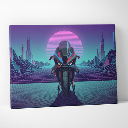 BMW M1000RR Inspired Red Blue Motorcycle Canvas Wall Art Vaporwave Neon Sportbike Garage Decor Retro Futuristic Racing Artwork