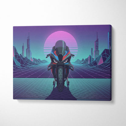 BMW M1000RR Inspired Red Blue Motorcycle Canvas Wall Art Vaporwave Neon Sportbike Garage Decor Retro Futuristic Racing Artwork