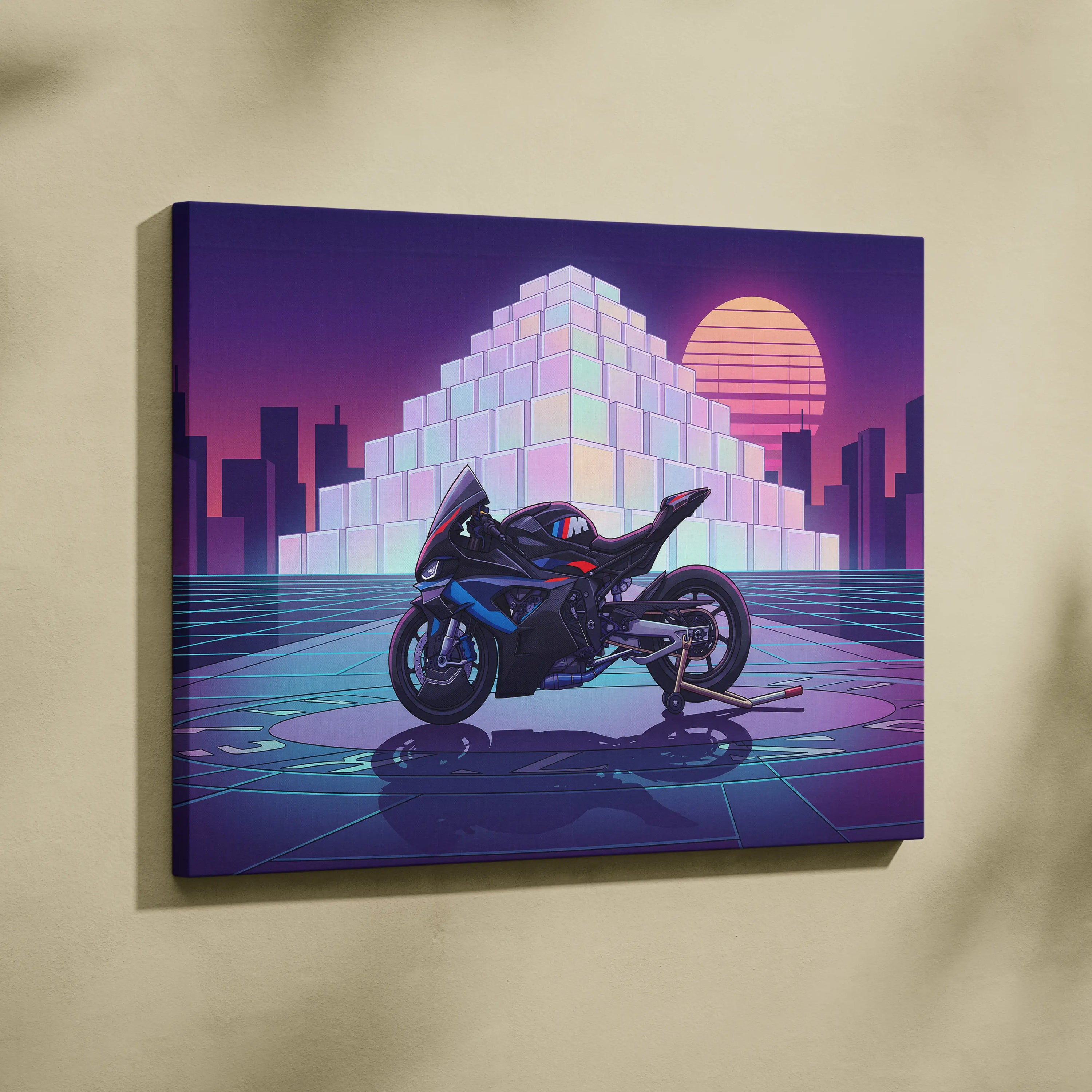 BMW M1000RR Inspired Blue Red Motorcycle Canvas Wall Art Vaporwave Neon Sportbike Garage Decor Retro Futuristic Racing Artwork