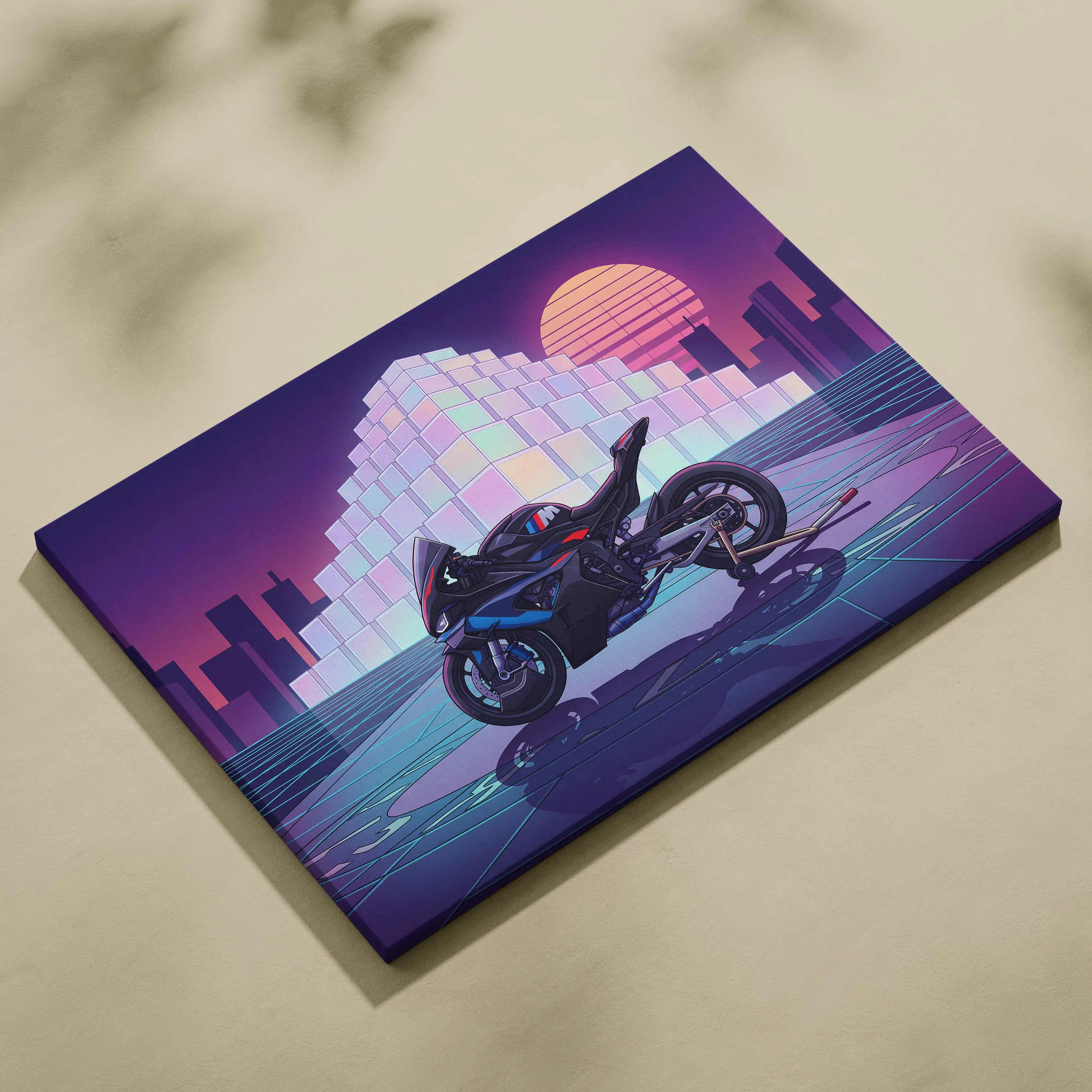 BMW M1000RR Inspired Blue Red Motorcycle Canvas Wall Art Vaporwave Neon Sportbike Garage Decor Retro Futuristic Racing Artwork