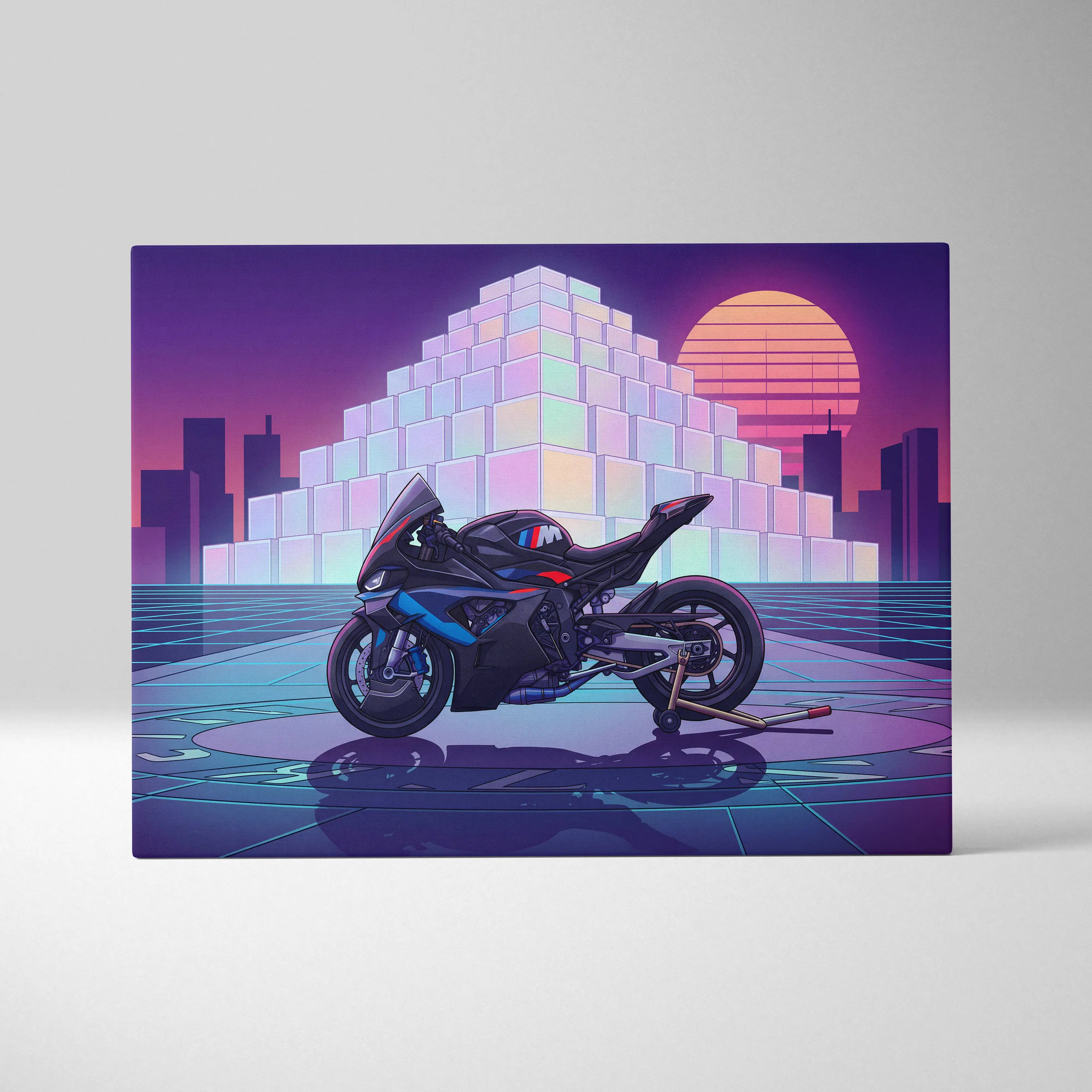 BMW M1000RR Inspired Blue Red Motorcycle Canvas Wall Art Vaporwave Neon Sportbike Garage Decor Retro Futuristic Racing Artwork