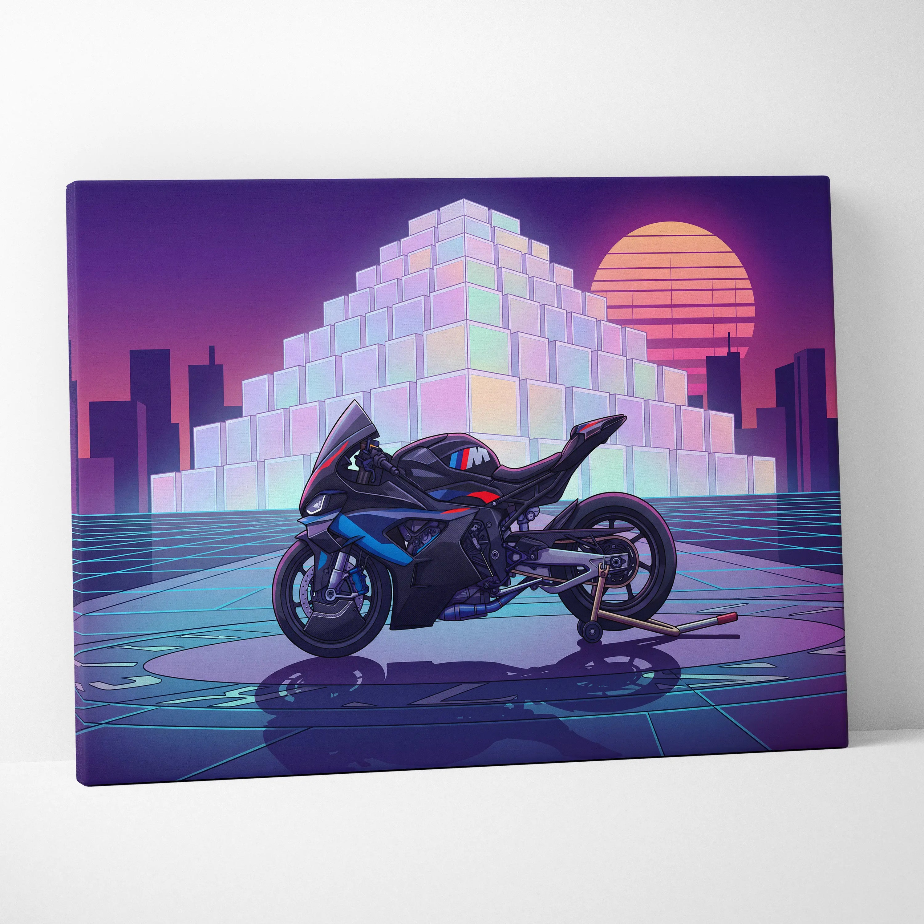 BMW M1000RR Inspired Blue Red Motorcycle Canvas Wall Art Vaporwave Neon Sportbike Garage Decor Retro Futuristic Racing Artwork
