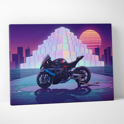 BMW M1000RR Inspired Blue Red Motorcycle Canvas Wall Art Vaporwave Neon Sportbike Garage Decor Retro Futuristic Racing Artwork