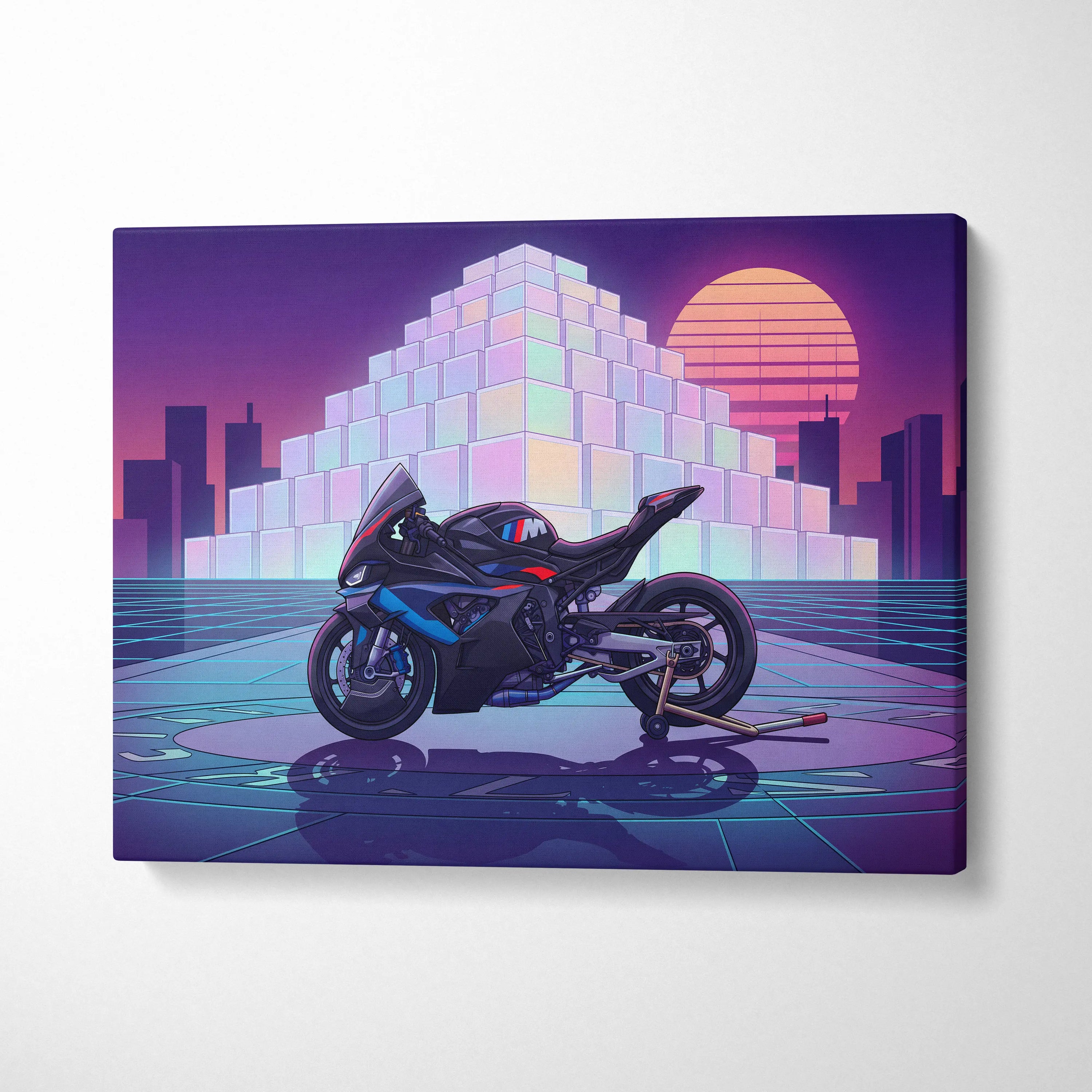 BMW M1000RR Inspired Blue Red Motorcycle Canvas Wall Art Vaporwave Neon Sportbike Garage Decor Retro Futuristic Racing Artwork