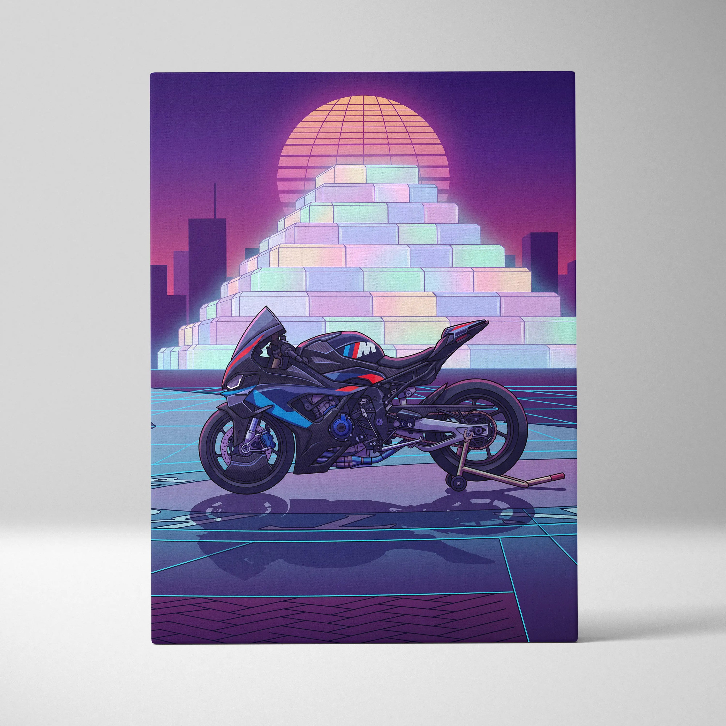 BMW M1000RR Inspired Blue Red Motorcycle Canvas Wall Art Vaporwave Neon Sportbike Garage Decor Retro Futuristic Racing Artwork