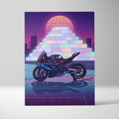 BMW M1000RR Inspired Blue Red Motorcycle Canvas Wall Art Vaporwave Neon Sportbike Garage Decor Retro Futuristic Racing Artwork
