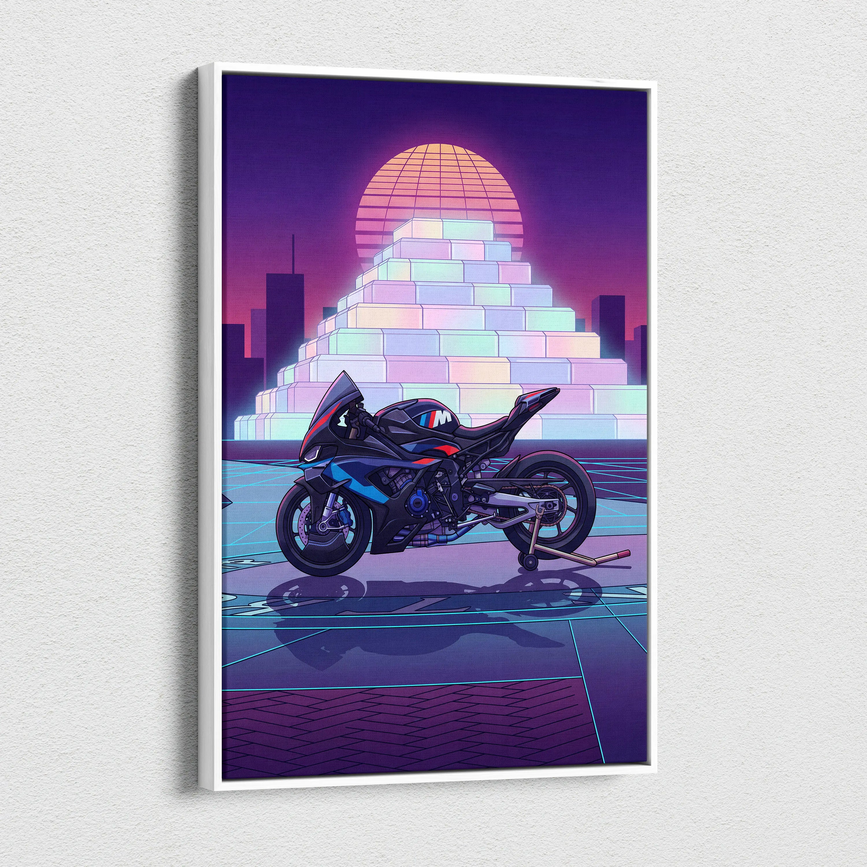 BMW M1000RR Inspired Blue Red Motorcycle Canvas Wall Art Vaporwave Neon Sportbike Garage Decor Retro Futuristic Racing Artwork