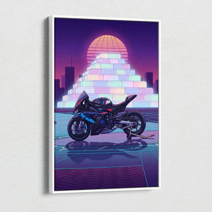 BMW M1000RR Inspired Blue Red Motorcycle Canvas Wall Art Vaporwave Neon Sportbike Garage Decor Retro Futuristic Racing Artwork