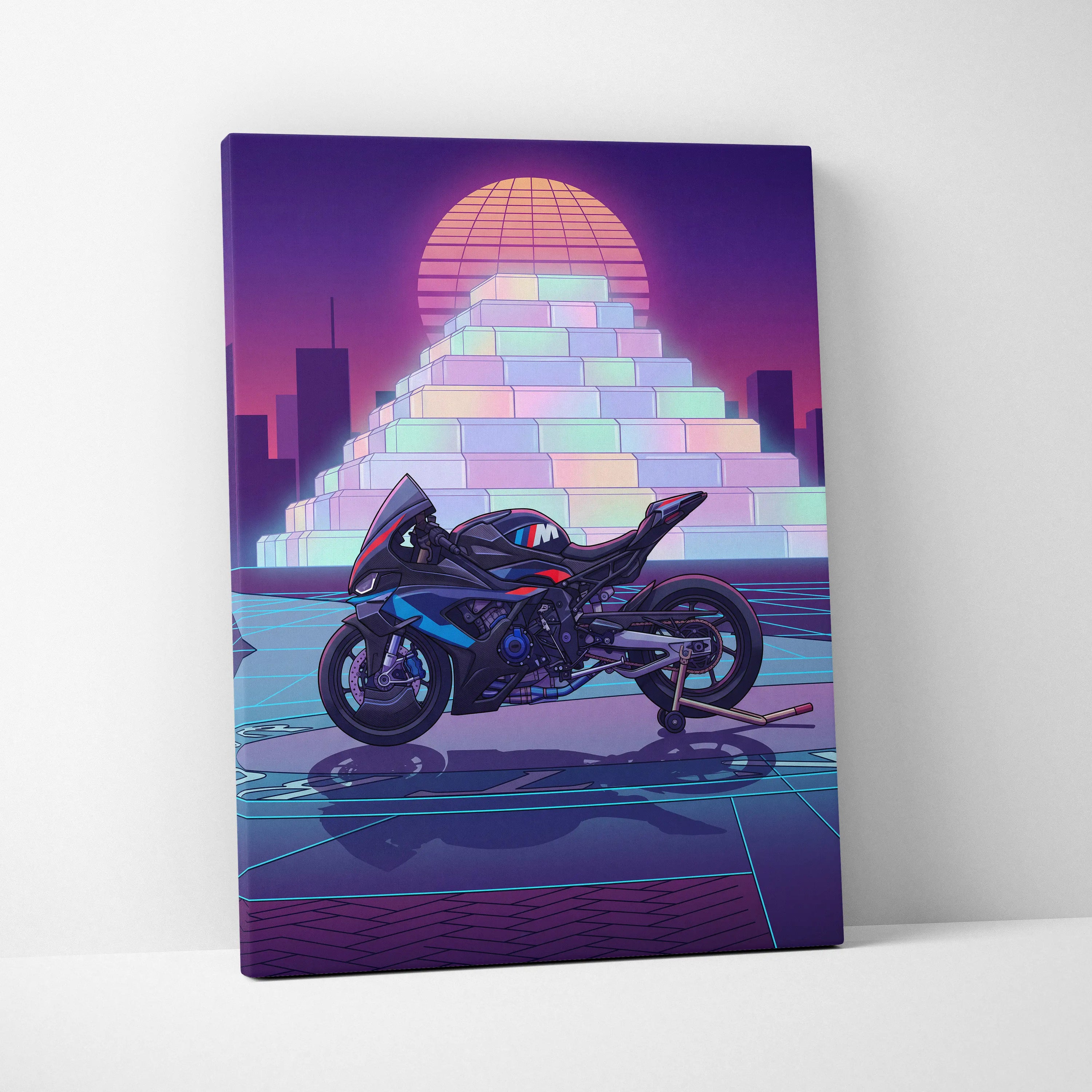 BMW M1000RR Inspired Blue Red Motorcycle Canvas Wall Art Vaporwave Neon Sportbike Garage Decor Retro Futuristic Racing Artwork