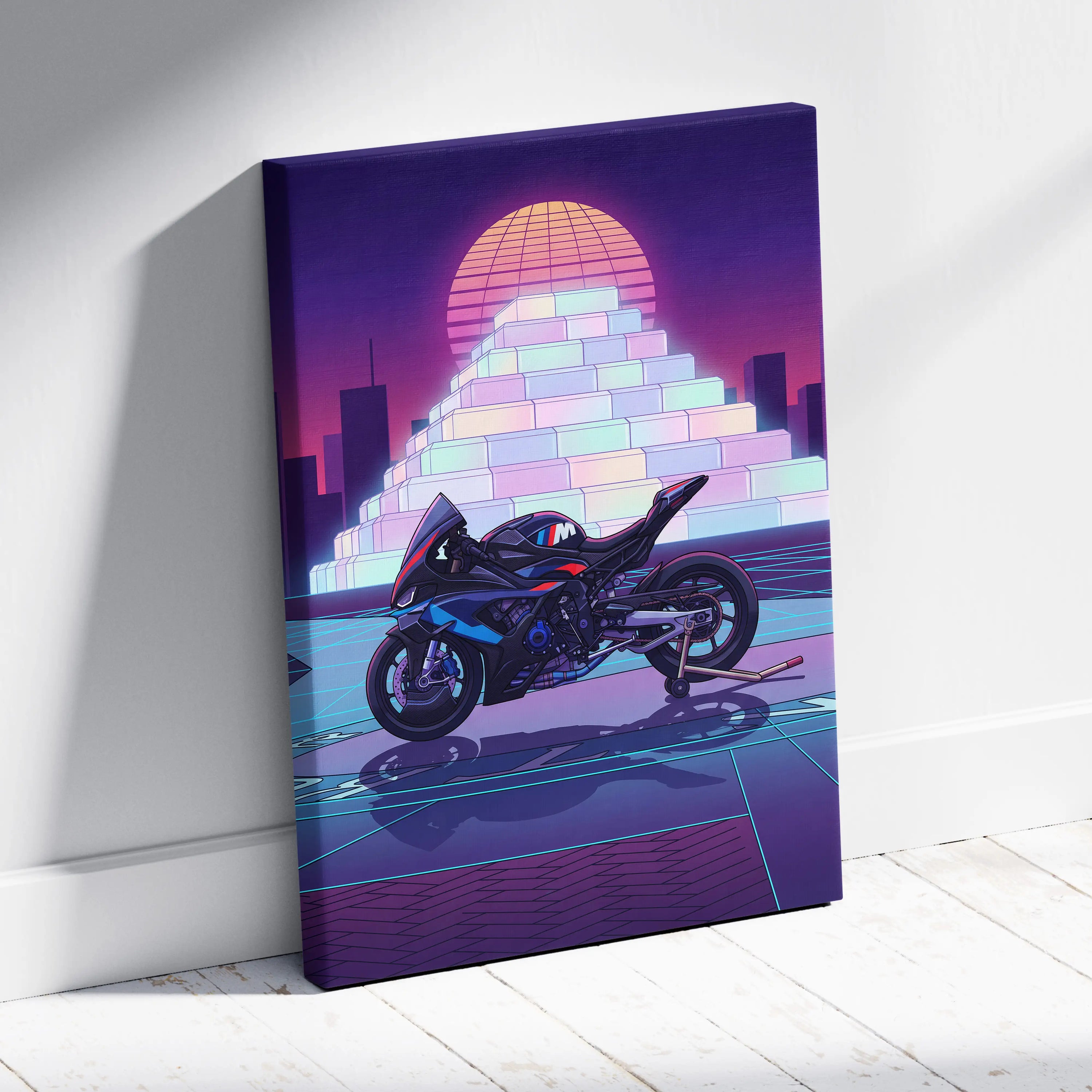 BMW M1000RR Inspired Blue Red Motorcycle Canvas Wall Art Vaporwave Neon Sportbike Garage Decor Retro Futuristic Racing Artwork