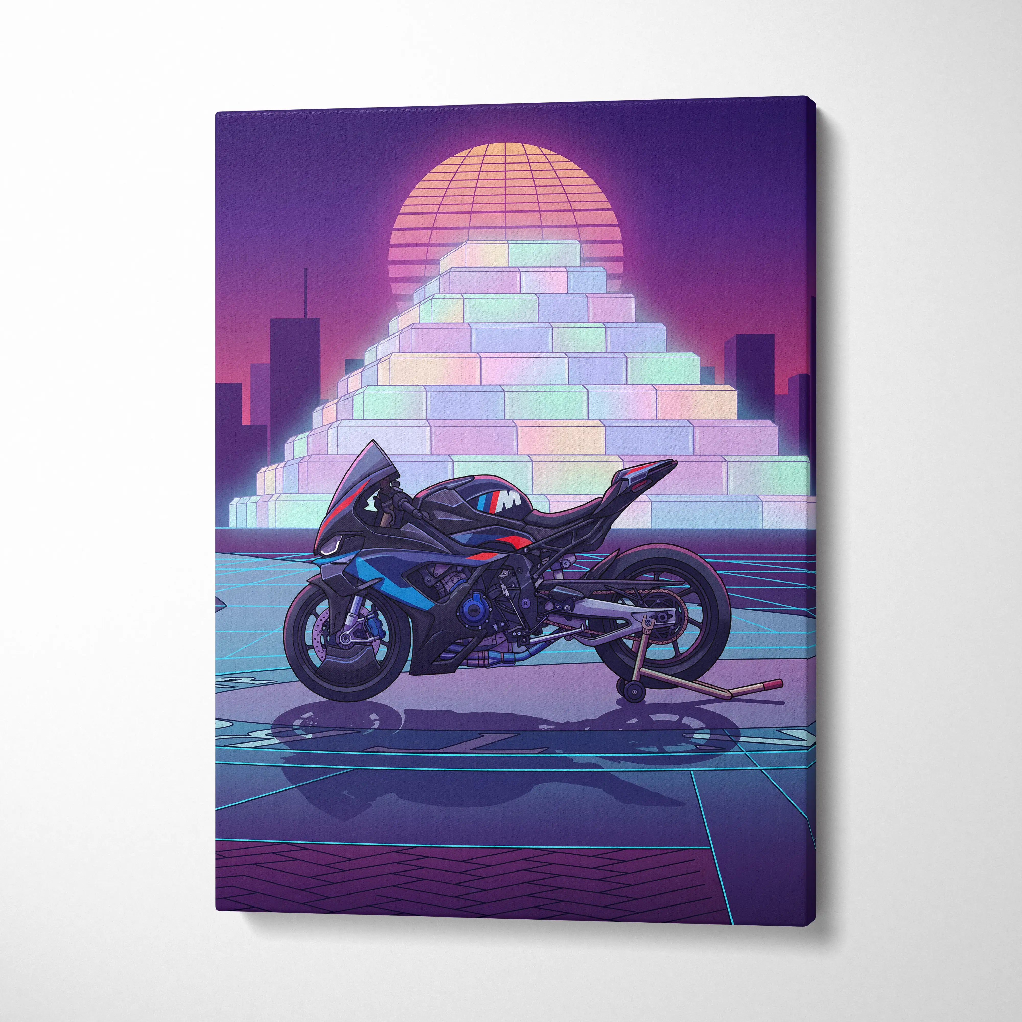 BMW M1000RR Inspired Blue Red Motorcycle Canvas Wall Art Vaporwave Neon Sportbike Garage Decor Retro Futuristic Racing Artwork