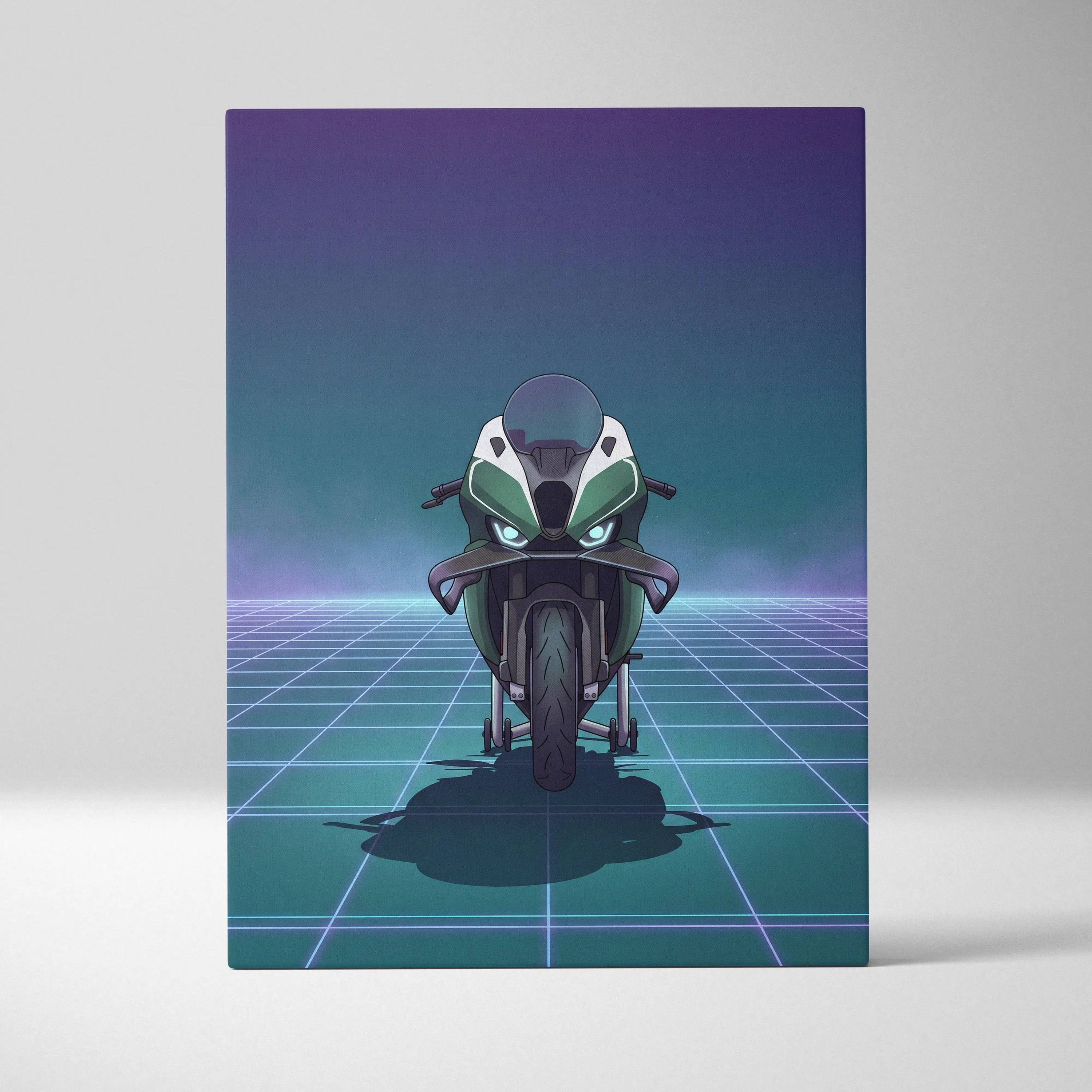 BMW M1000RR Inspired Green Teal Vaporwave Motorcycle Canvas Wall Art Neon Grid Sportbike Artwork Futuristic Garage Decor