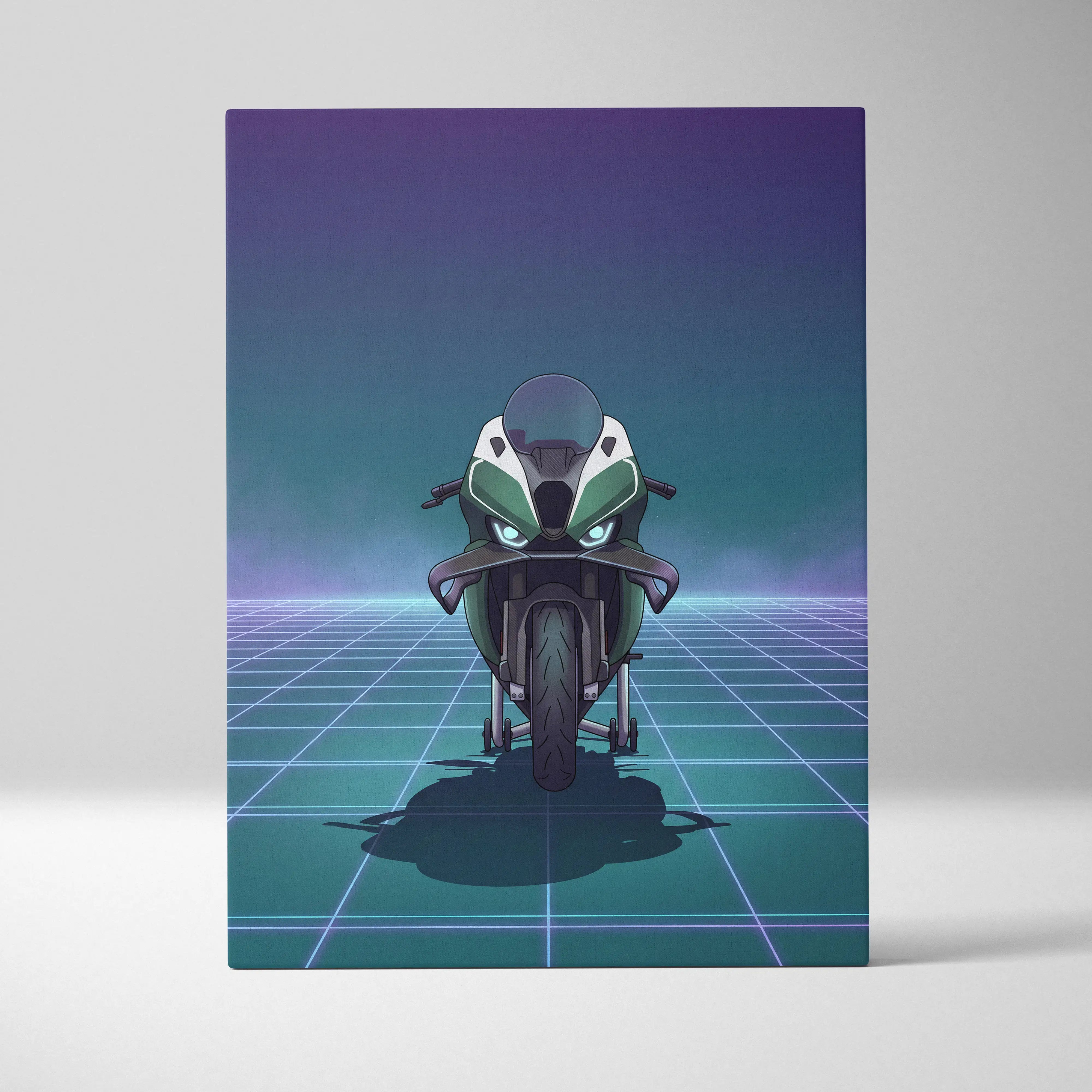 BMW M1000RR Inspired Green Teal Vaporwave Motorcycle Canvas Wall Art Neon Grid Sportbike Artwork Futuristic Garage Decor