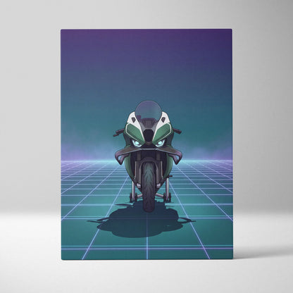 BMW M1000RR Inspired Green Teal Vaporwave Motorcycle Canvas Wall Art Neon Grid Sportbike Artwork Futuristic Garage Decor