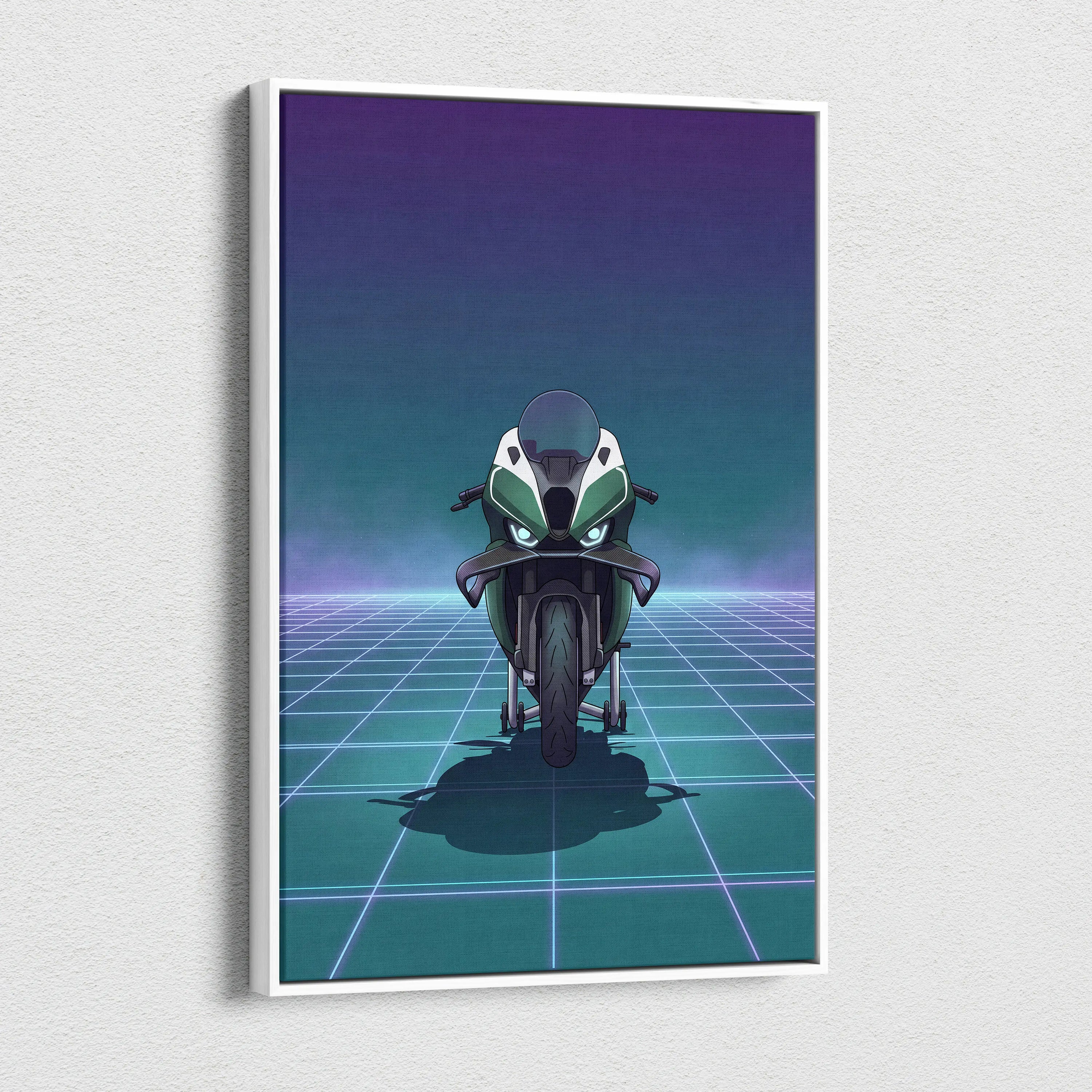 BMW M1000RR Inspired Green Teal Vaporwave Motorcycle Canvas Wall Art Neon Grid Sportbike Artwork Futuristic Garage Decor