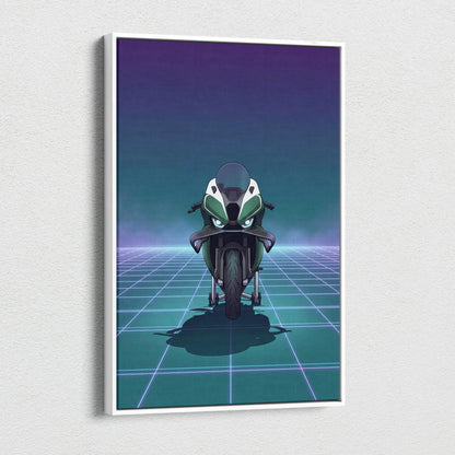 BMW M1000RR Inspired Green Teal Vaporwave Motorcycle Canvas Wall Art Neon Grid Sportbike Artwork Futuristic Garage Decor