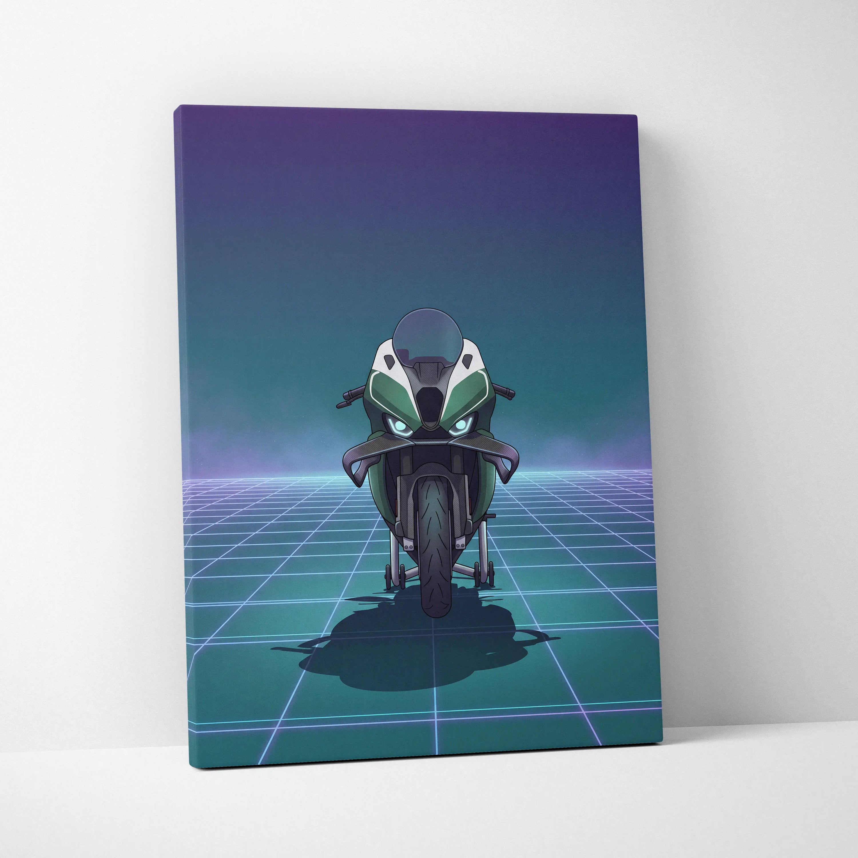 BMW M1000RR Inspired Green Teal Vaporwave Motorcycle Canvas Wall Art Neon Grid Sportbike Artwork Futuristic Garage Decor