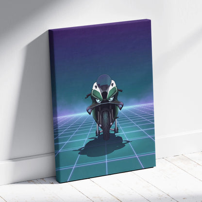 BMW M1000RR Inspired Green Teal Vaporwave Motorcycle Canvas Wall Art Neon Grid Sportbike Artwork Futuristic Garage Decor