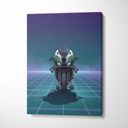 BMW M1000RR Inspired Green Teal Vaporwave Motorcycle Canvas Wall Art Neon Grid Sportbike Artwork Futuristic Garage Decor