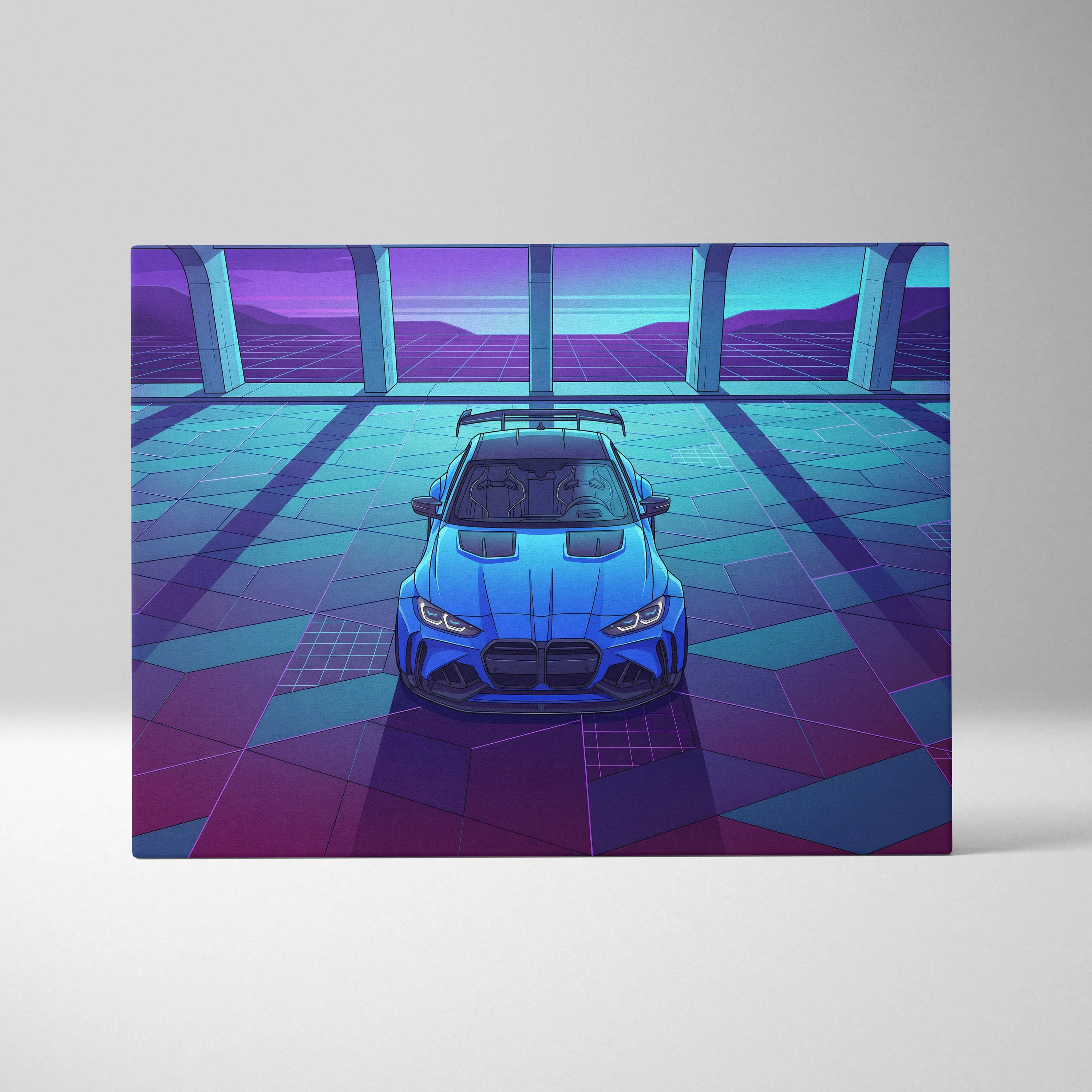 BMW M4 Inspired Blue Purple Canvas Wall Art Vaporwave Sports Car Artwork Neon Garage Decor Retro Futuristic City Print