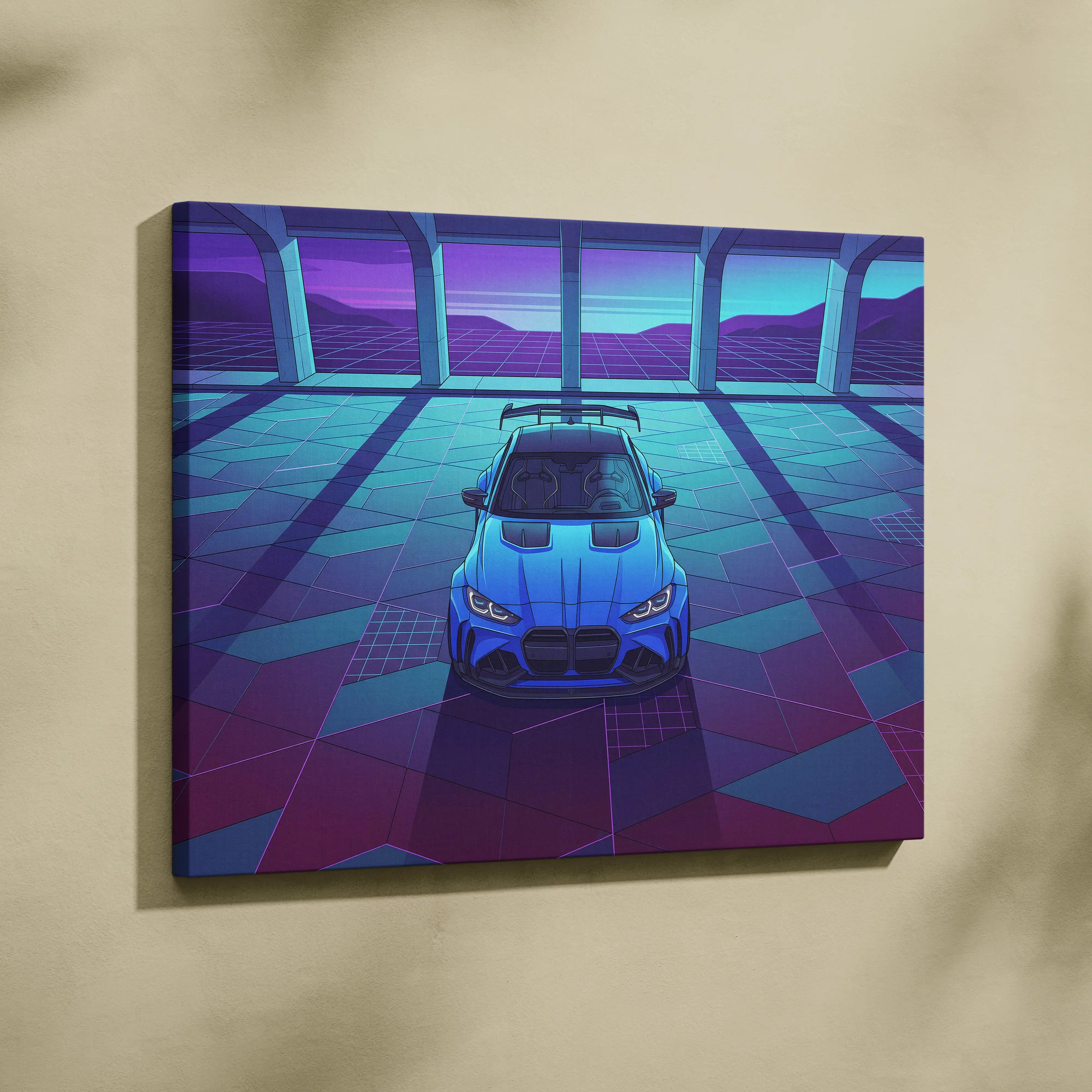 BMW M4 Inspired Blue Purple Canvas Wall Art Vaporwave Sports Car Artwork Neon Garage Decor Retro Futuristic City Print