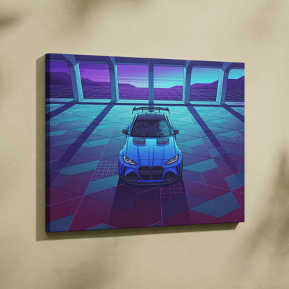 BMW M4 Inspired Blue Purple Canvas Wall Art Vaporwave Sports Car Artwork Neon Garage Decor Retro Futuristic City Print