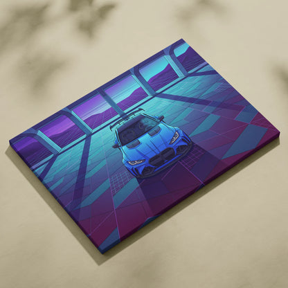 BMW M4 Inspired Blue Purple Canvas Wall Art Vaporwave Sports Car Artwork Neon Garage Decor Retro Futuristic City Print