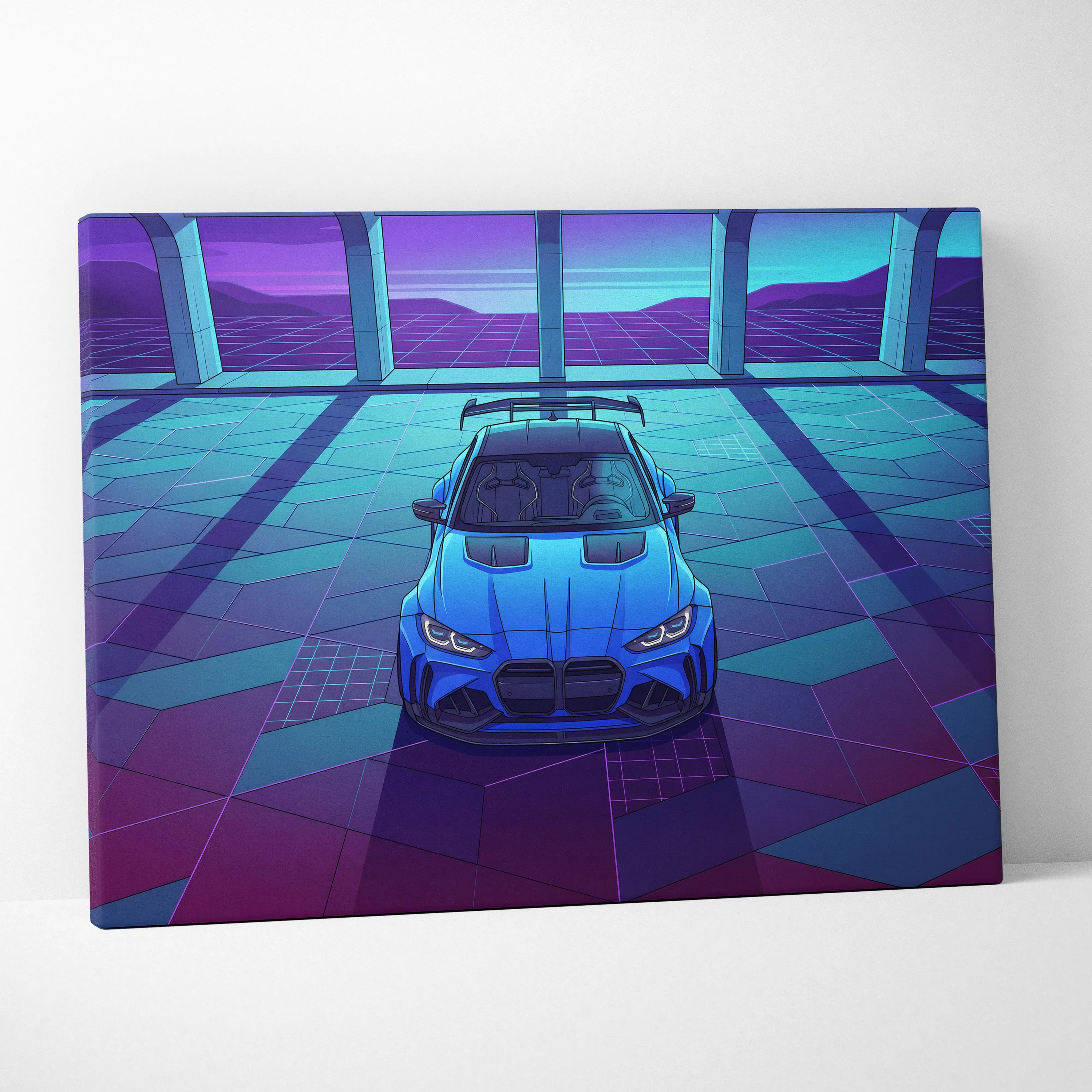BMW M4 Inspired Blue Purple Canvas Wall Art Vaporwave Sports Car Artwork Neon Garage Decor Retro Futuristic City Print