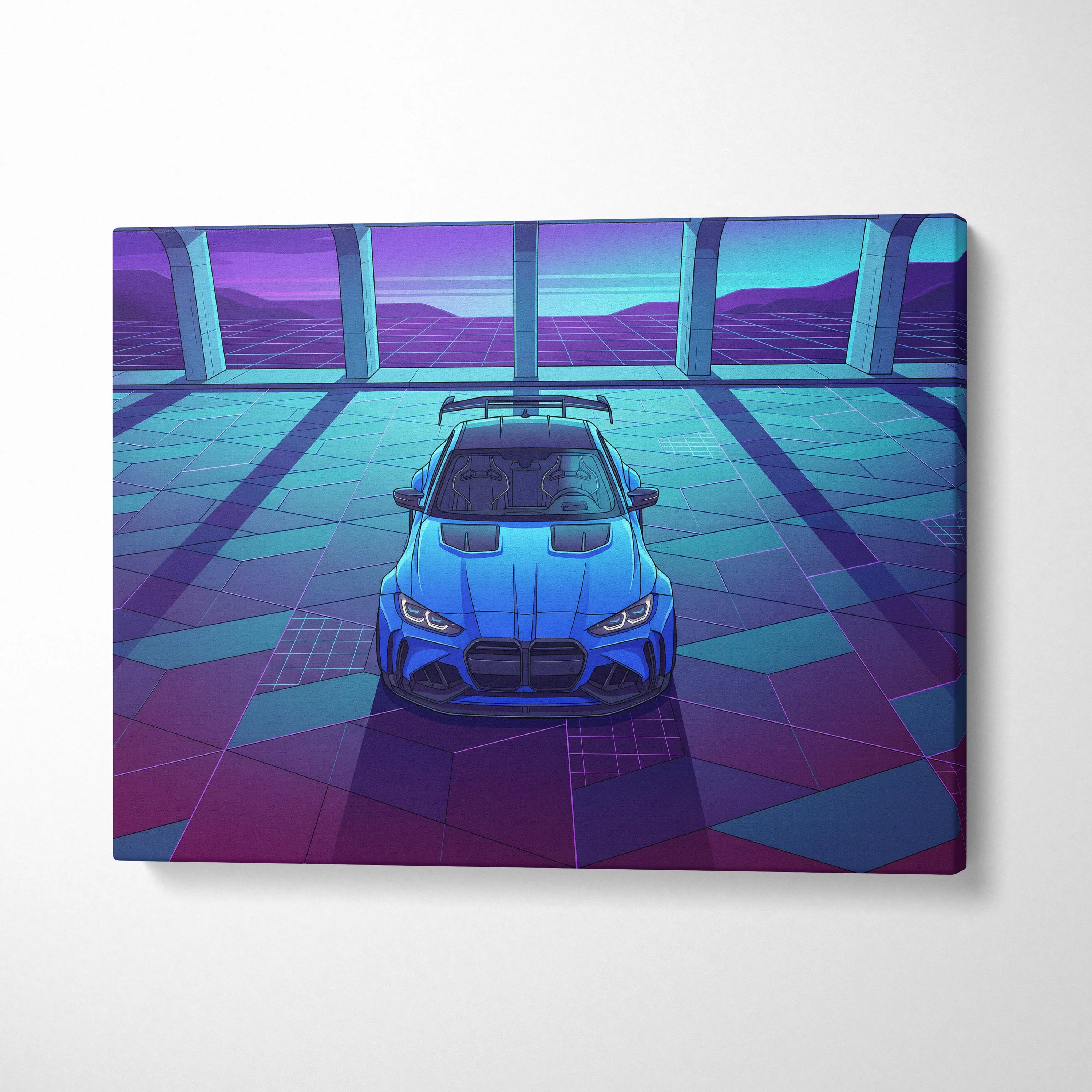 BMW M4 Inspired Blue Purple Canvas Wall Art Vaporwave Sports Car Artwork Neon Garage Decor Retro Futuristic City Print