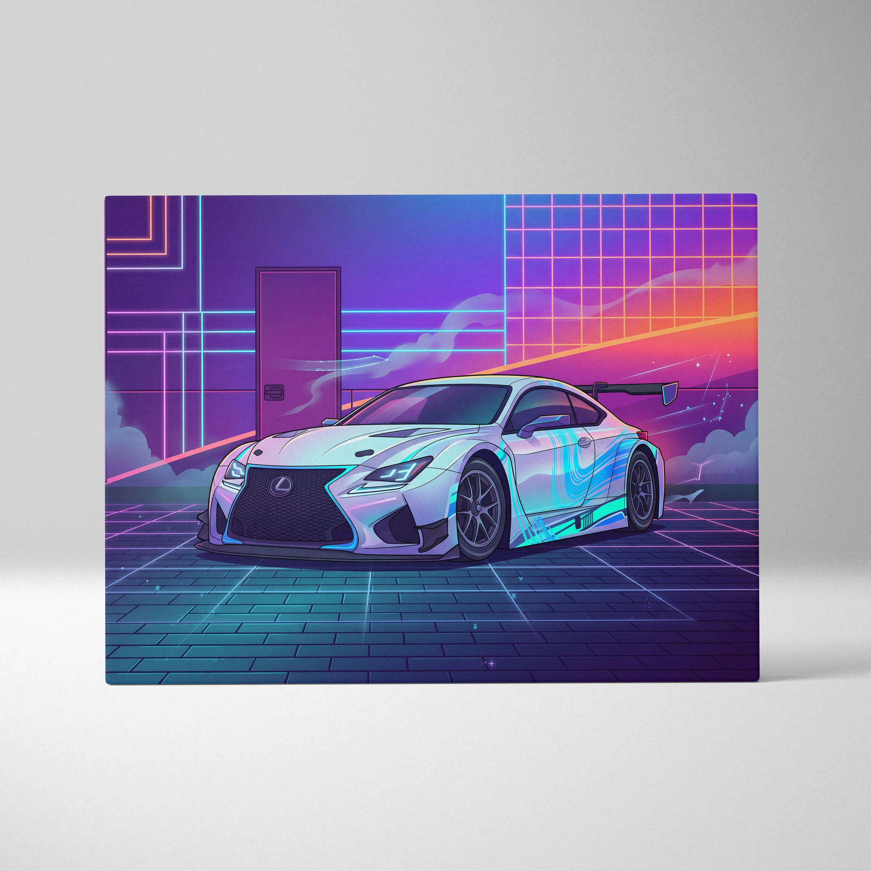 Lexus RC F Inspired White Purple Canvas Wall Art, Vaporwave JDM Track Car Artwork, Neon Grid Garage Decor, Retro Futuristic Auto Print