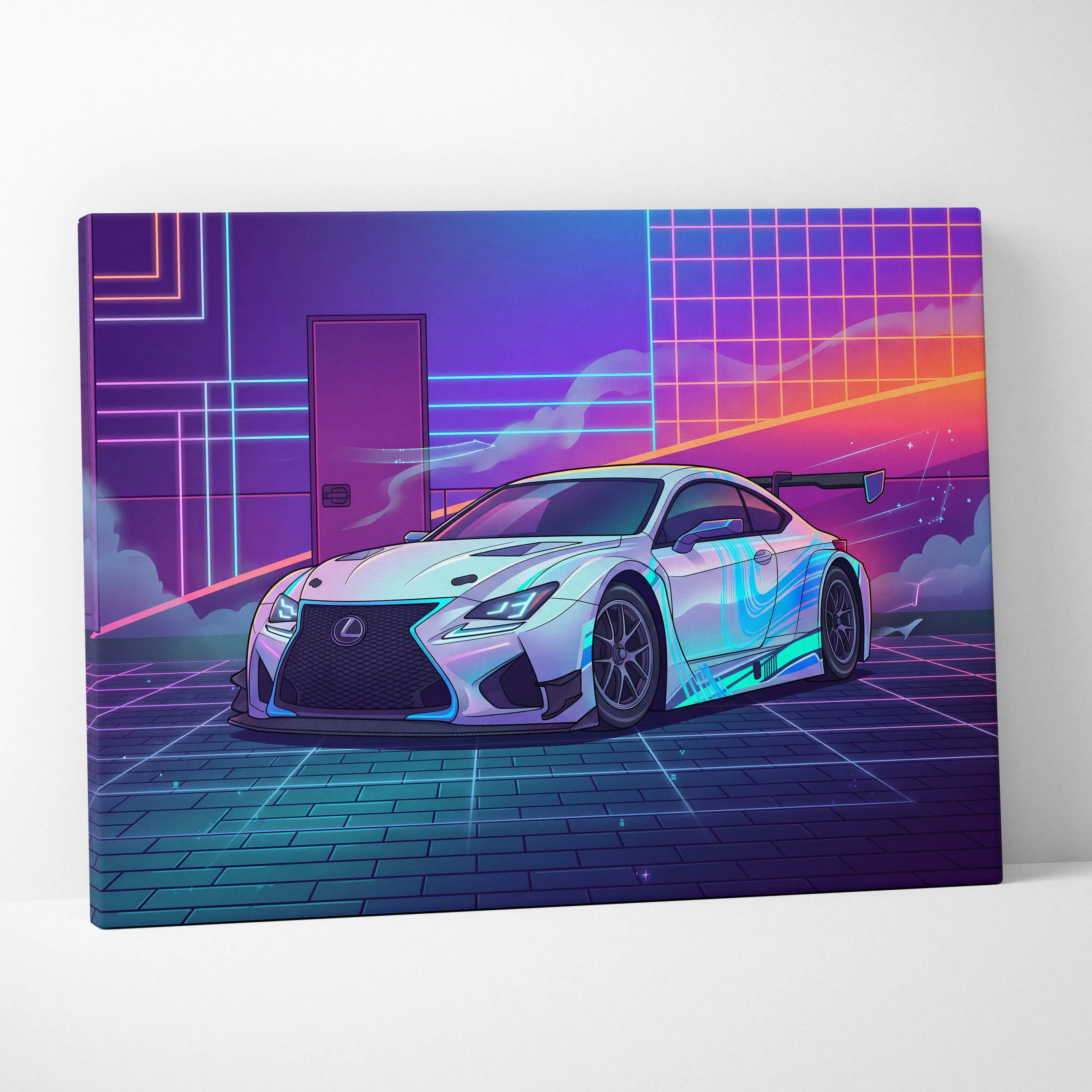 Lexus RC F Inspired White Purple Canvas Wall Art, Vaporwave JDM Track Car Artwork, Neon Grid Garage Decor, Retro Futuristic Auto Print
