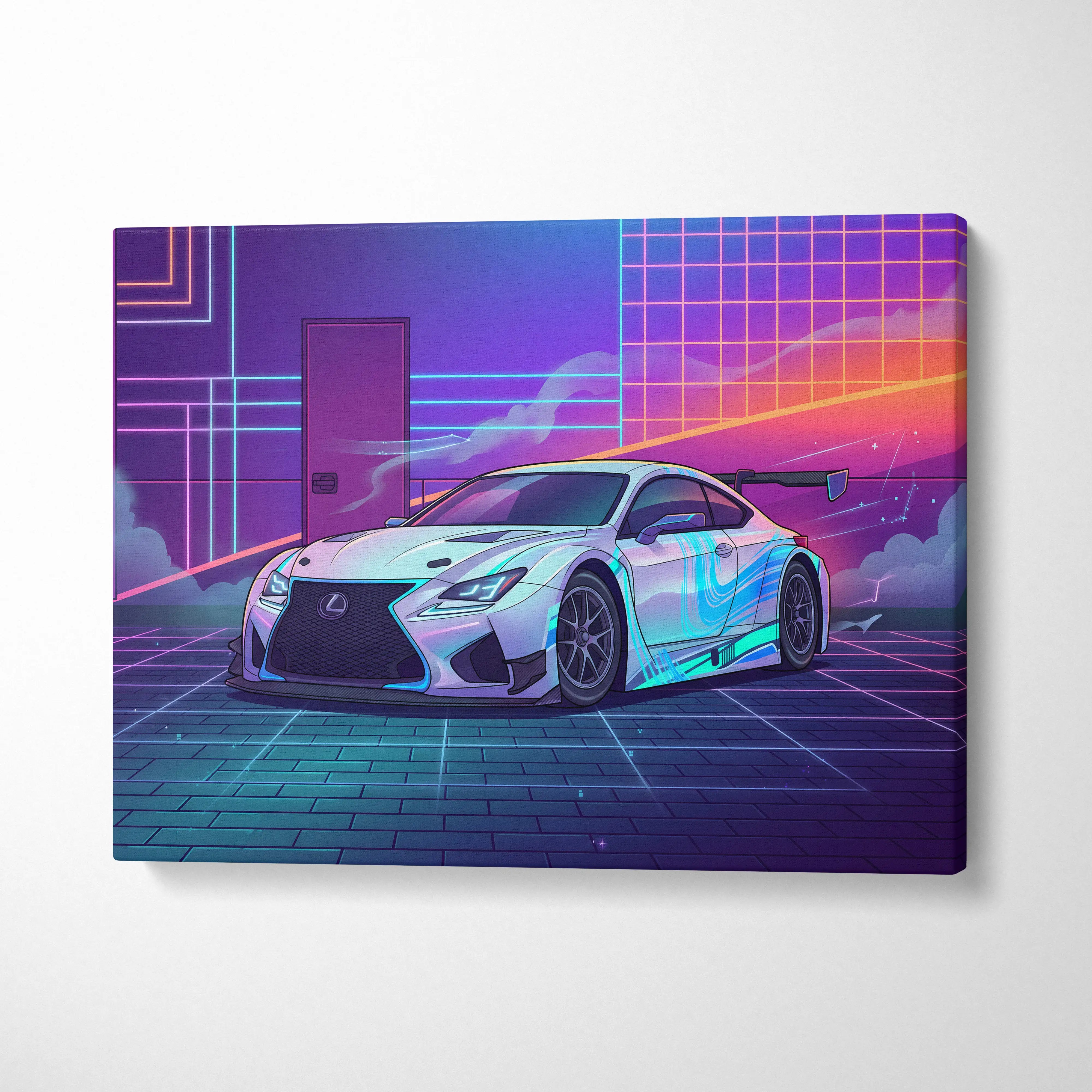 Lexus RC F Inspired White Purple Canvas Wall Art, Vaporwave JDM Track Car Artwork, Neon Grid Garage Decor, Retro Futuristic Auto Print