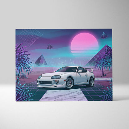 Toyota Supra MK4 Inspired White Purple Canvas Wall Art Vaporwave JDM Sports Car Artwork Neon Desert Garage Decor Retro Futuristic Sunset Print