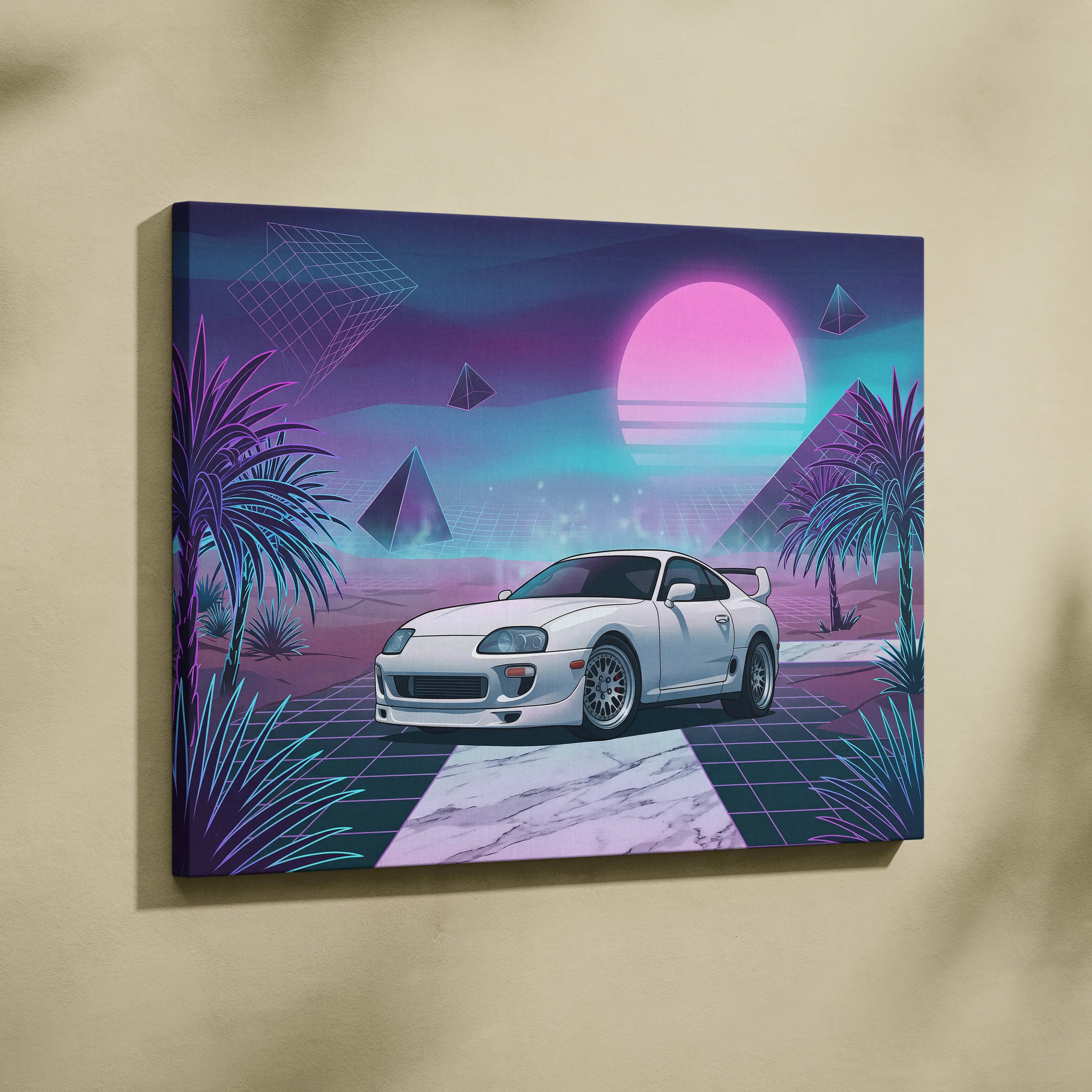 Toyota Supra MK4 Inspired White Purple Canvas Wall Art Vaporwave JDM Sports Car Artwork Neon Desert Garage Decor Retro Futuristic Sunset Print