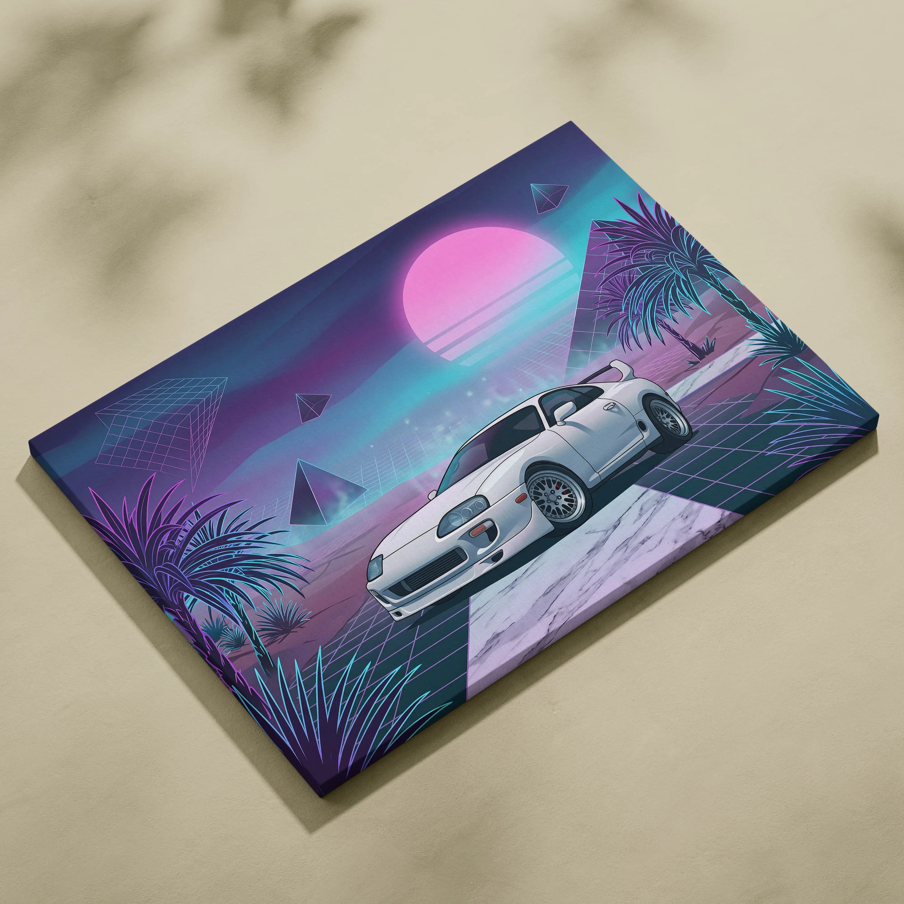 Toyota Supra MK4 Inspired White Purple Canvas Wall Art Vaporwave JDM Sports Car Artwork Neon Desert Garage Decor Retro Futuristic Sunset Print